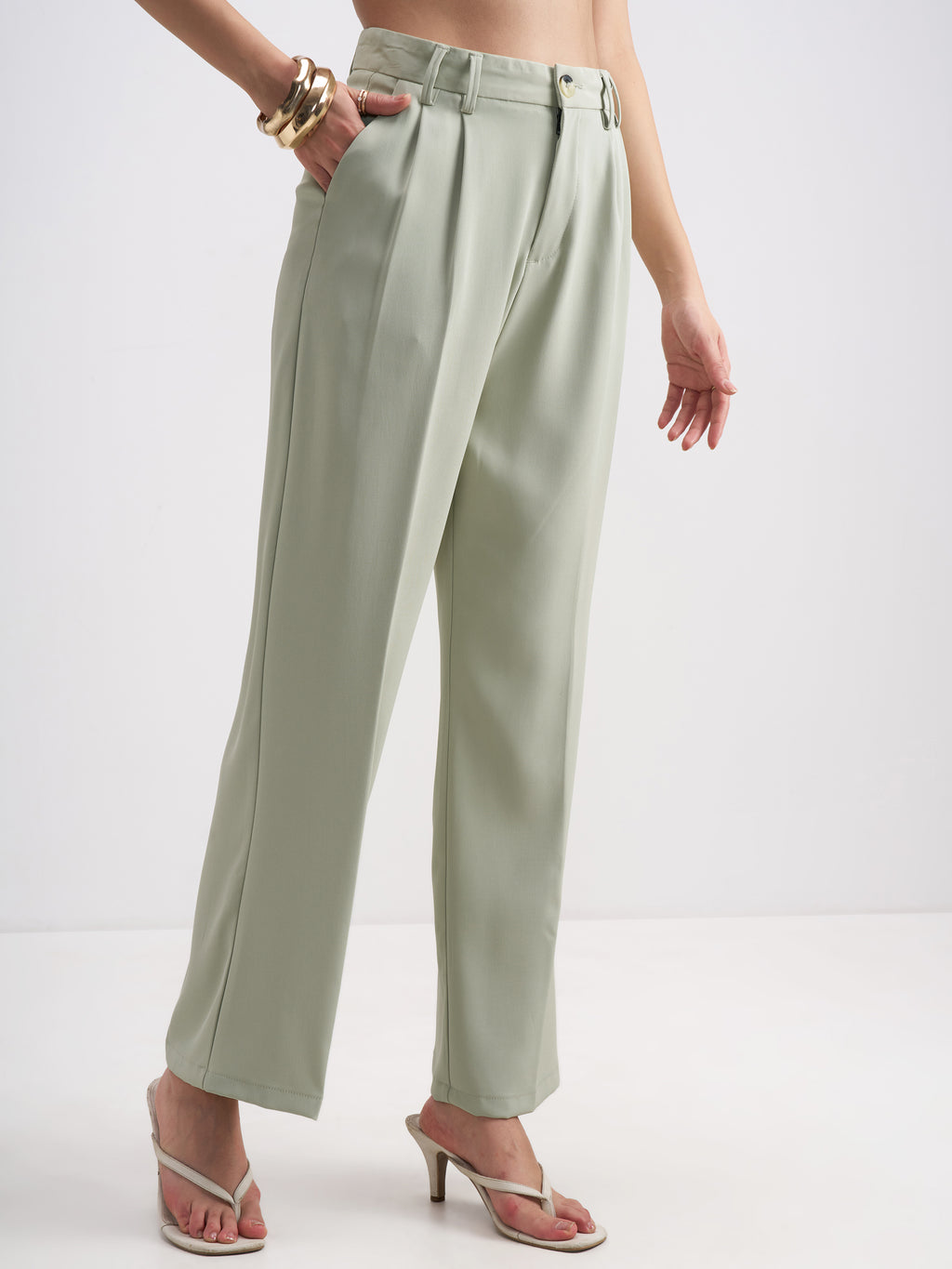 Tokyo Talkies Women Green Solid Straight Fit Formal Trouser - Green - Image 6