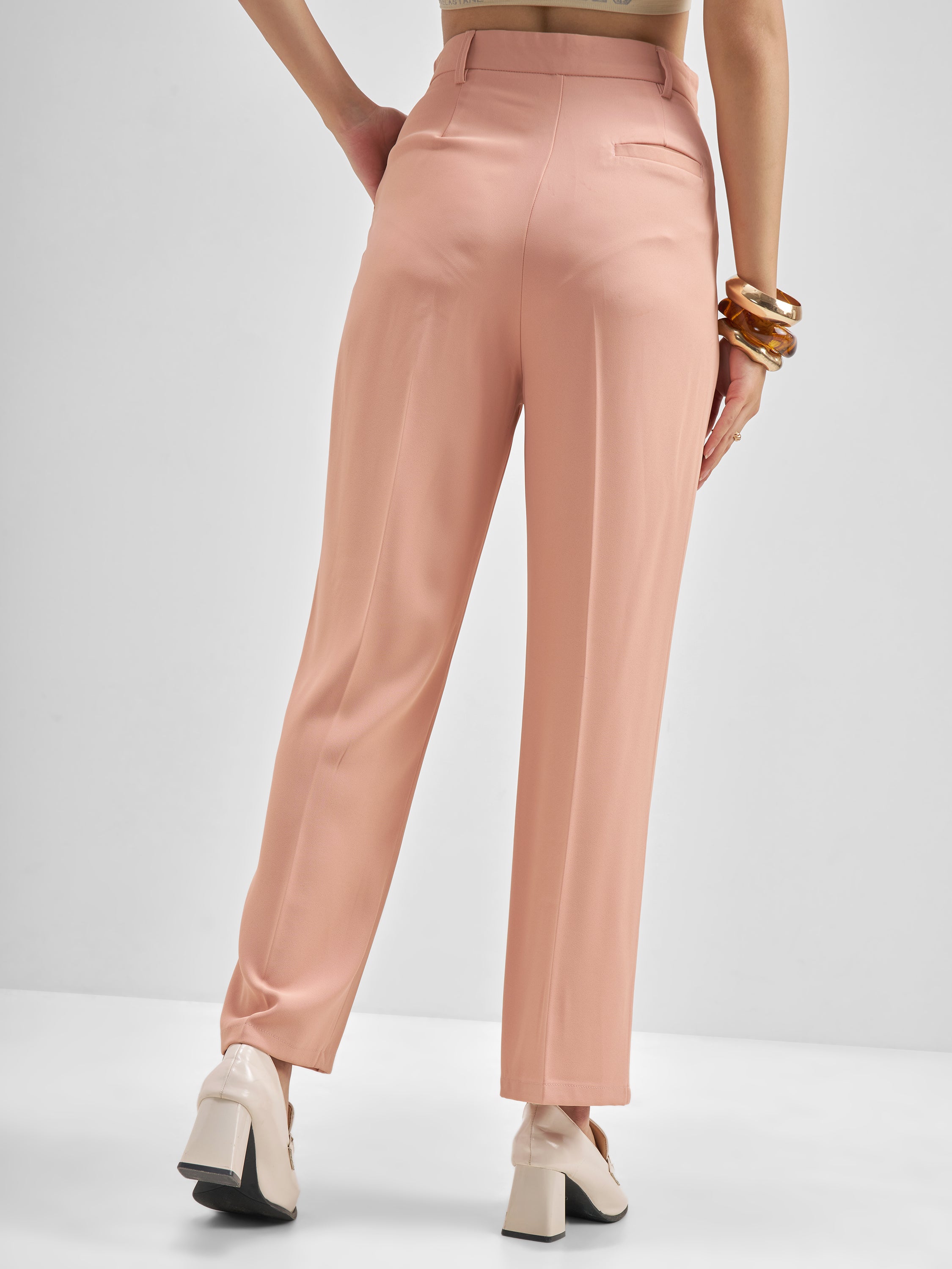 Tokyo Talkies Women Pink Solid Straight Fit Formal Trouser - Pink - Image 3