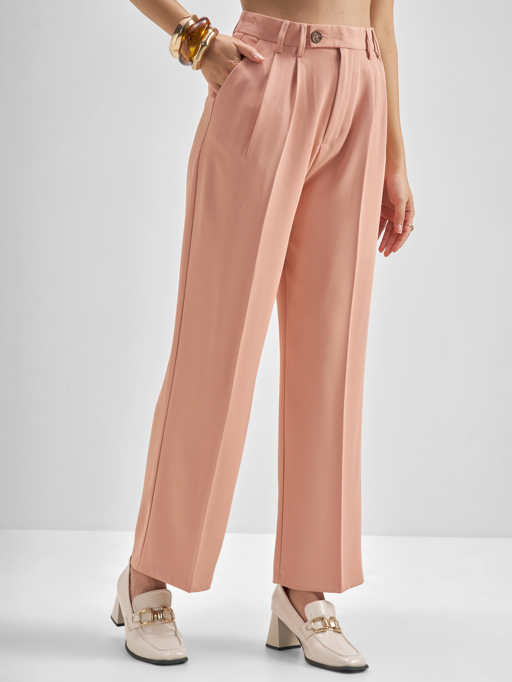 Tokyo Talkies Women Pink Solid Straight Fit Formal Trouser - Pink - Image 6