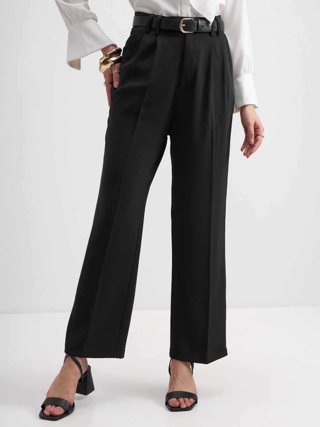 Tokyo Talkies Women Black Solid Straight Fit Formal Trouser - Black - Image 1