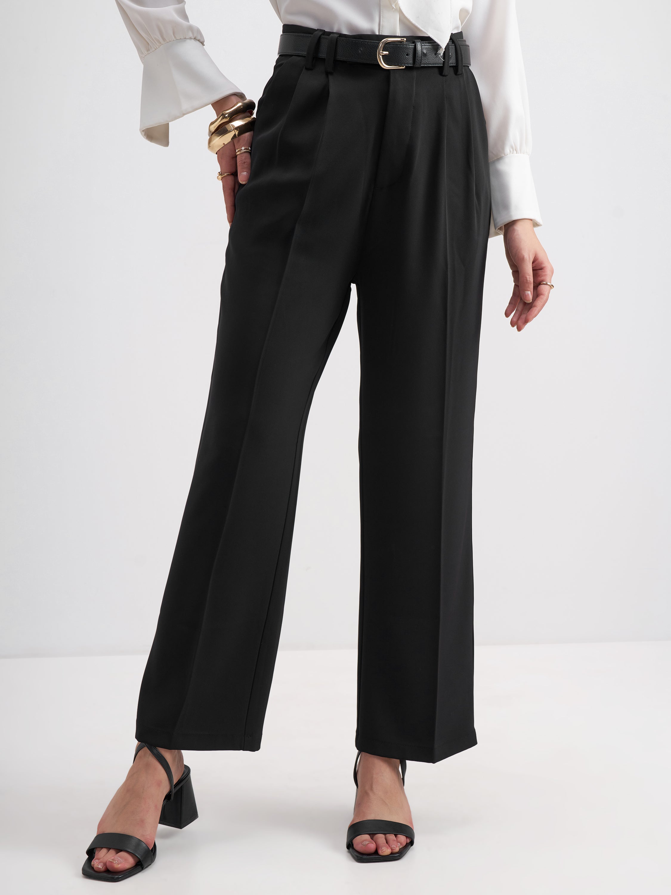 Tokyo Talkies Women Black Solid Straight Fit Formal Trouser - Black - Image 1