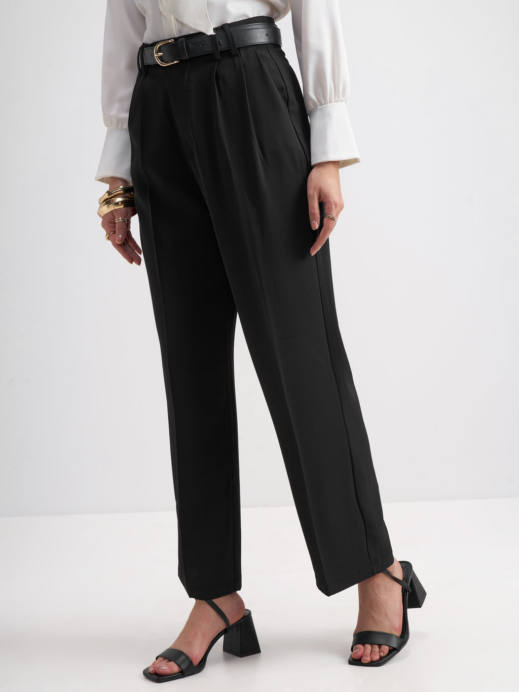 Tokyo Talkies Women Black Solid Straight Fit Formal Trouser - Black - Image 4