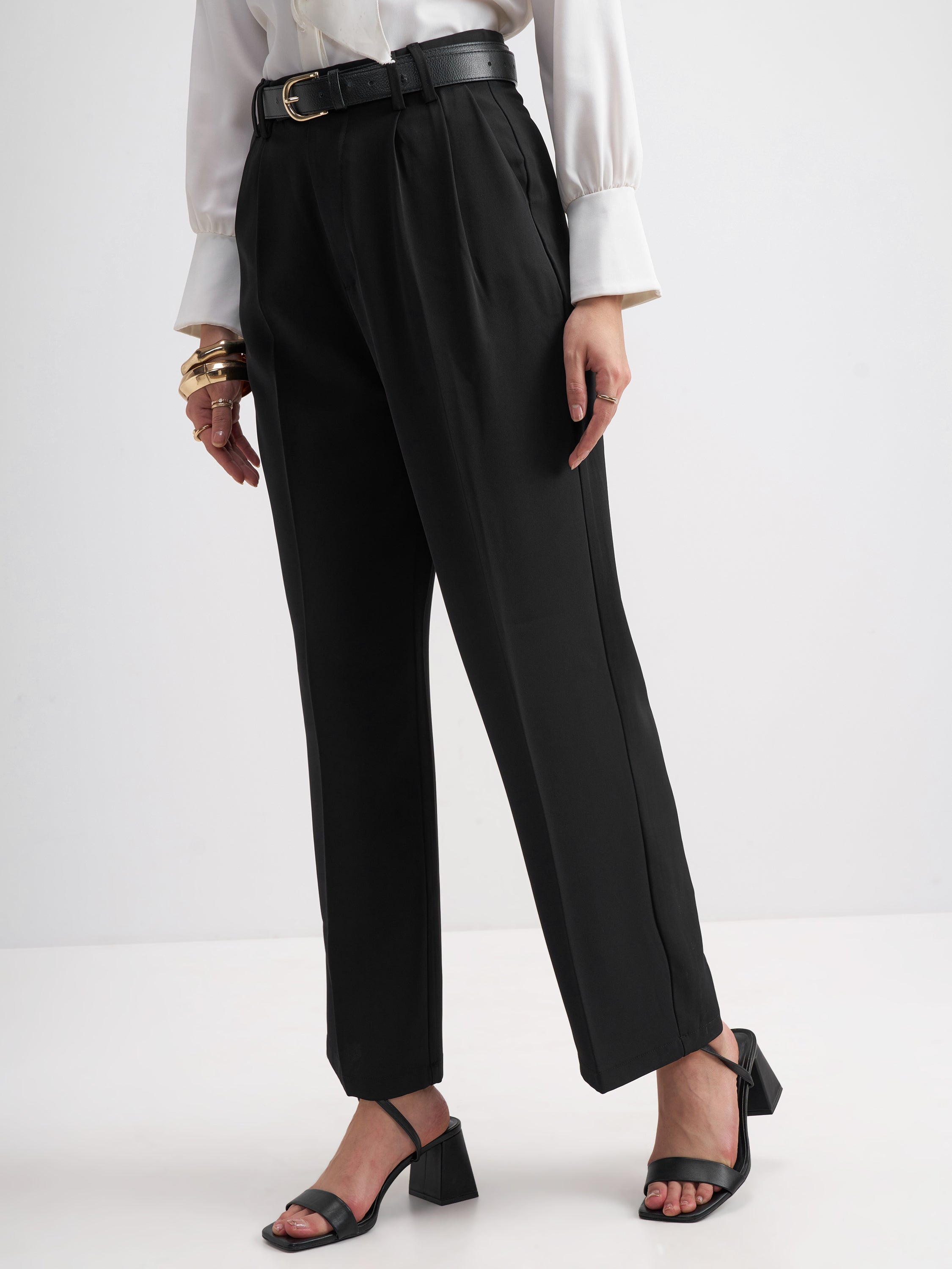 Tokyo Talkies Women Black Solid Straight Fit Formal Trouser - Black - Image 4