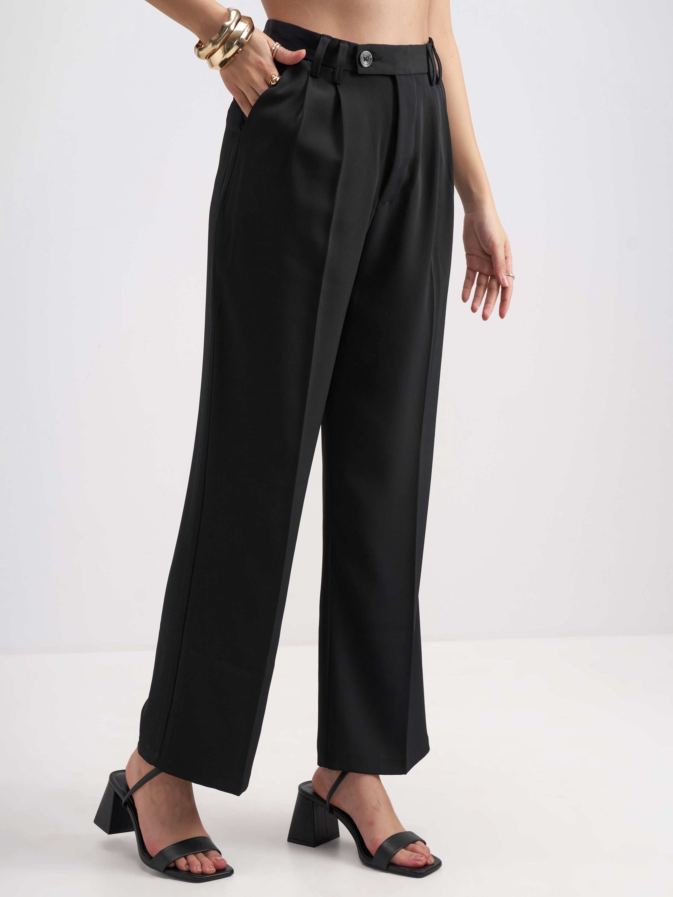 Tokyo Talkies Women Black Solid Straight Fit Formal Trouser - Black - Image 6