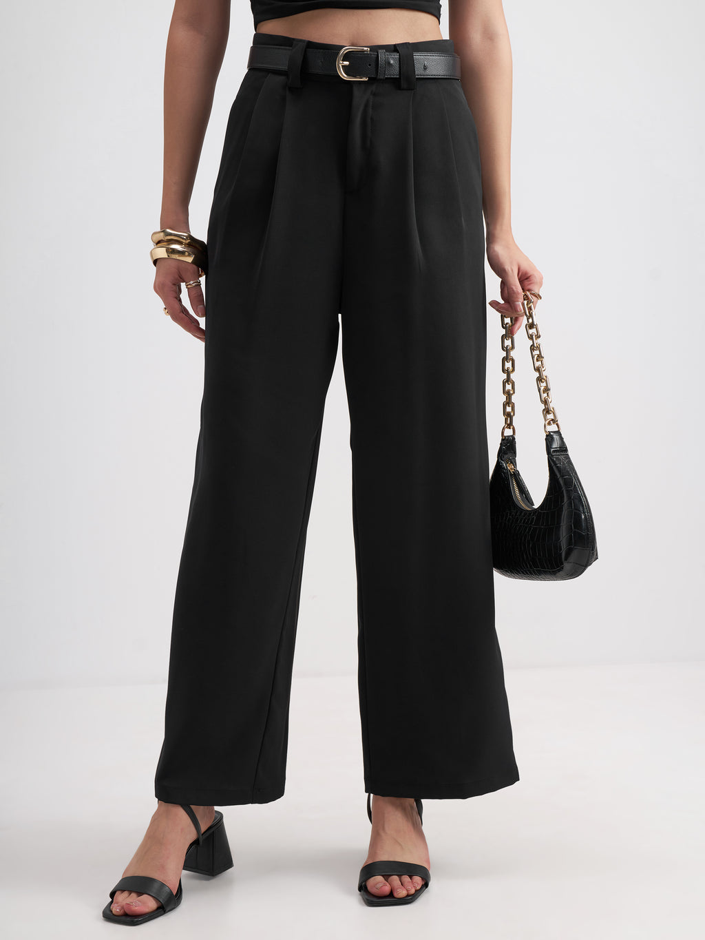 Tokyo Talkies Women Black Solid Straight Fit Formal Trouser - Black - Image 1