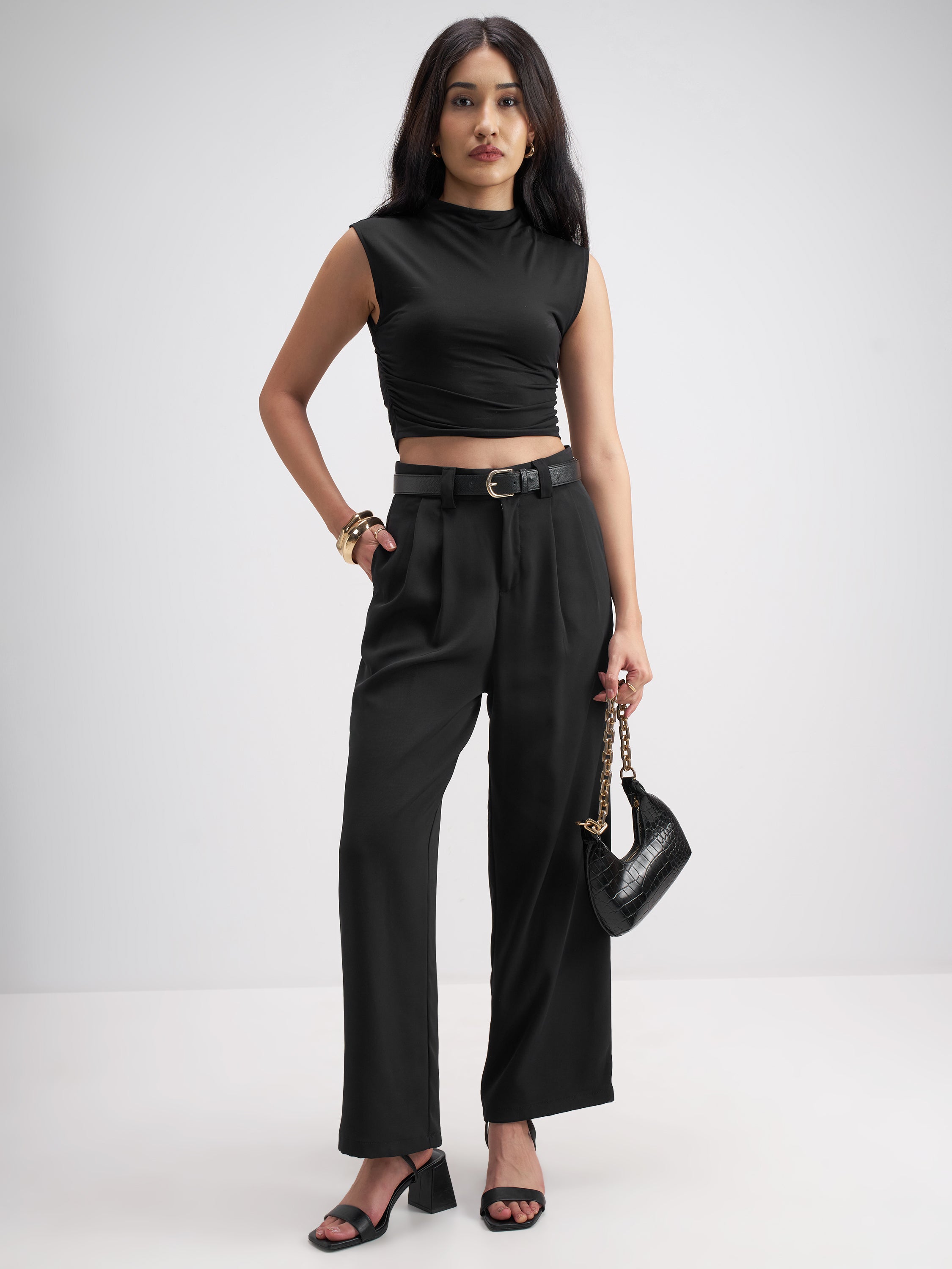 Tokyo Talkies Women Black Solid Straight Fit Formal Trouser - Black - Image 2