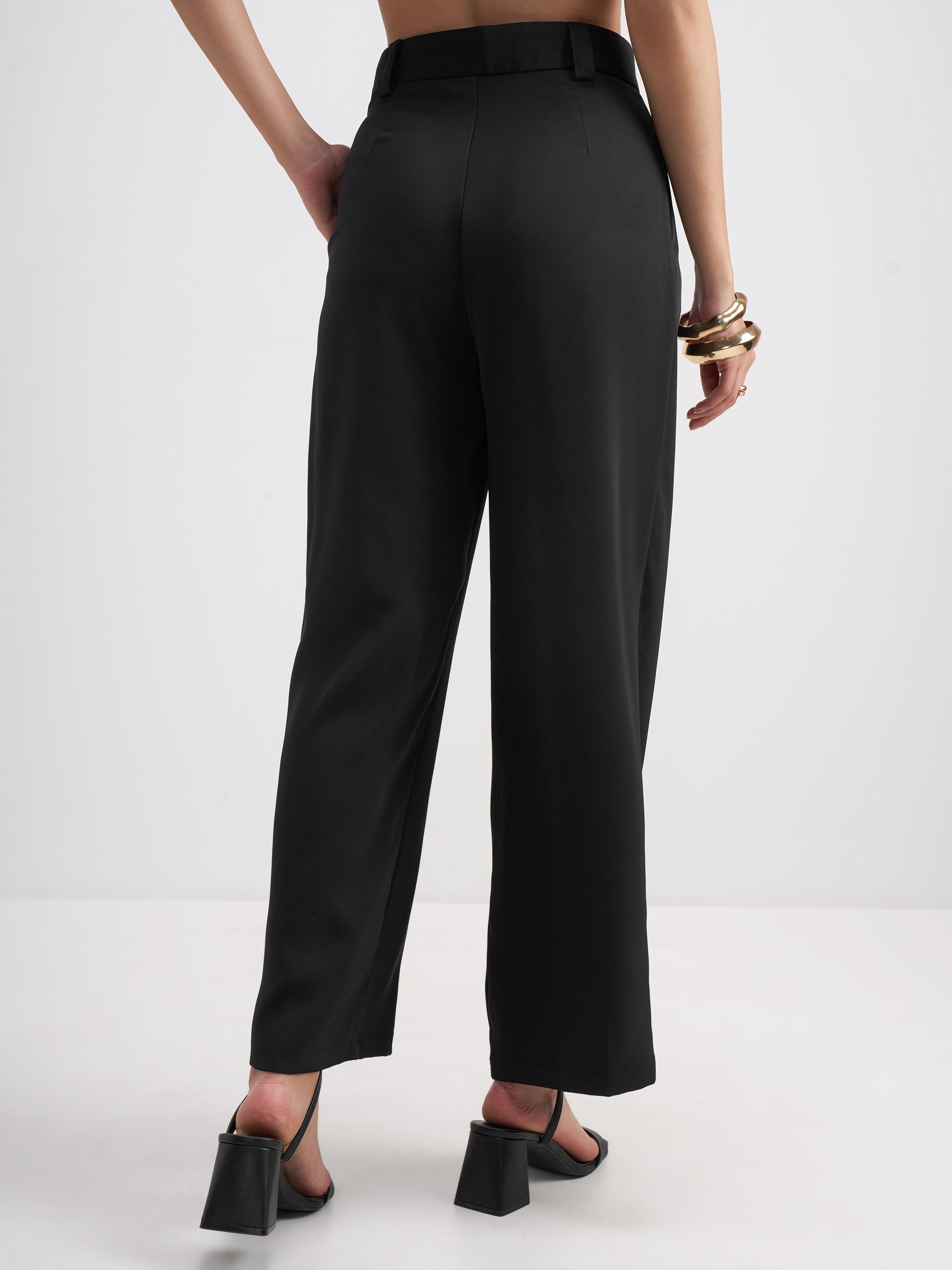 Tokyo Talkies Women Black Solid Straight Fit Formal Trouser - Black - Image 3