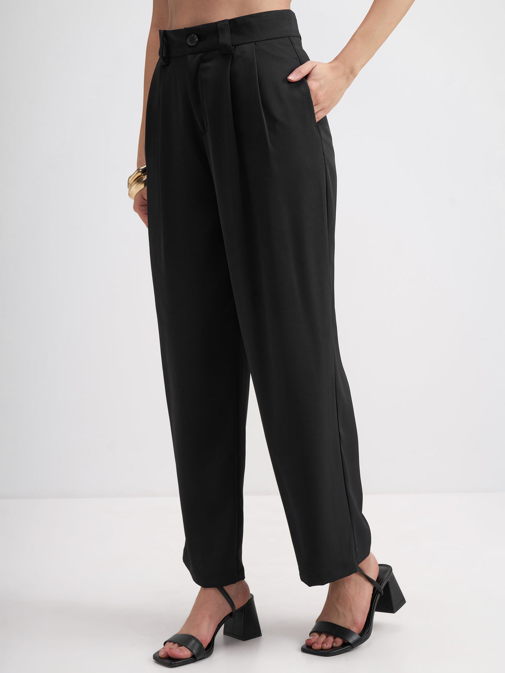 Tokyo Talkies Women Black Solid Straight Fit Formal Trouser - Black - Image 4
