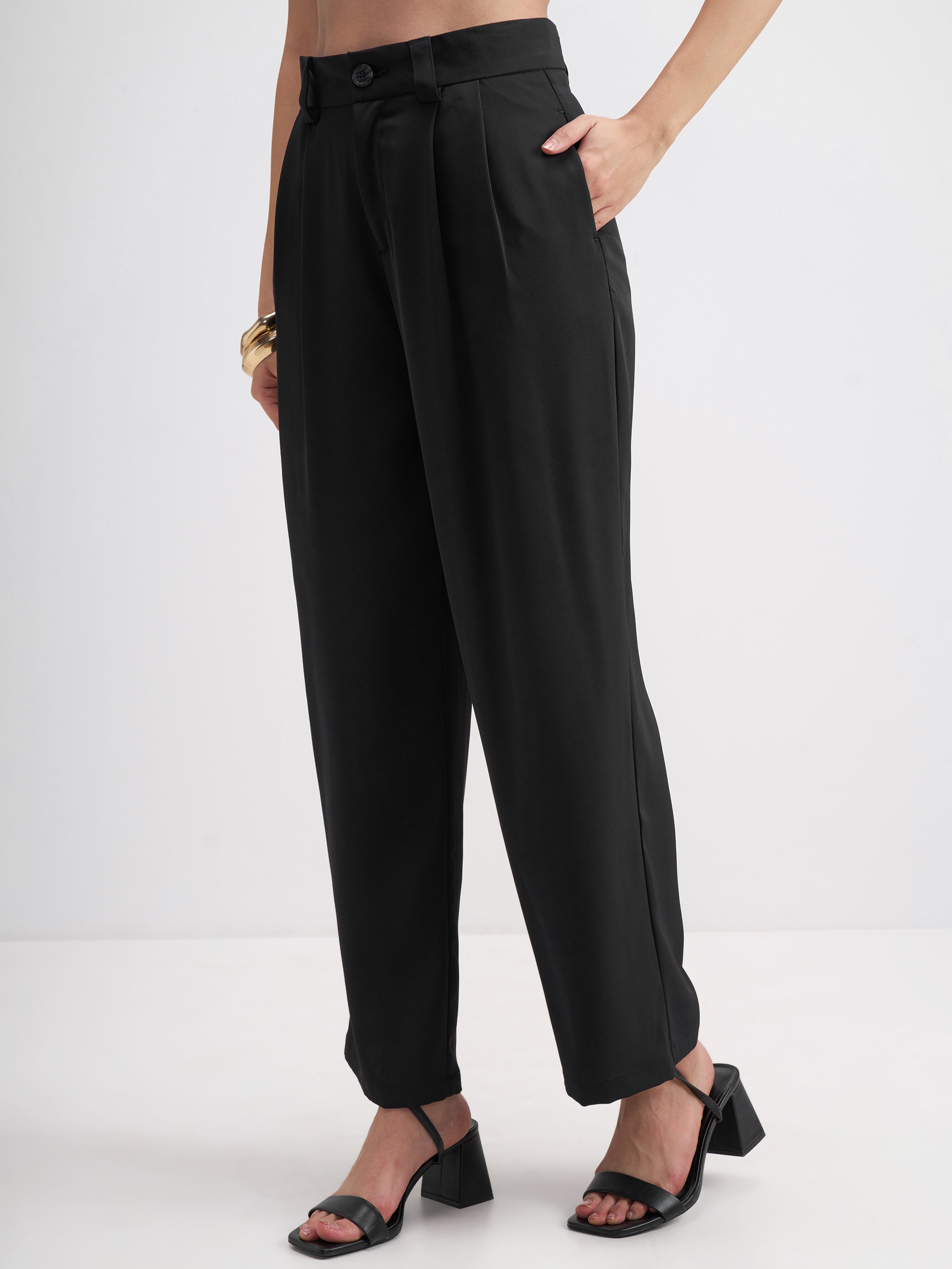 Tokyo Talkies Women Black Solid Straight Fit Formal Trouser - Black - Image 4