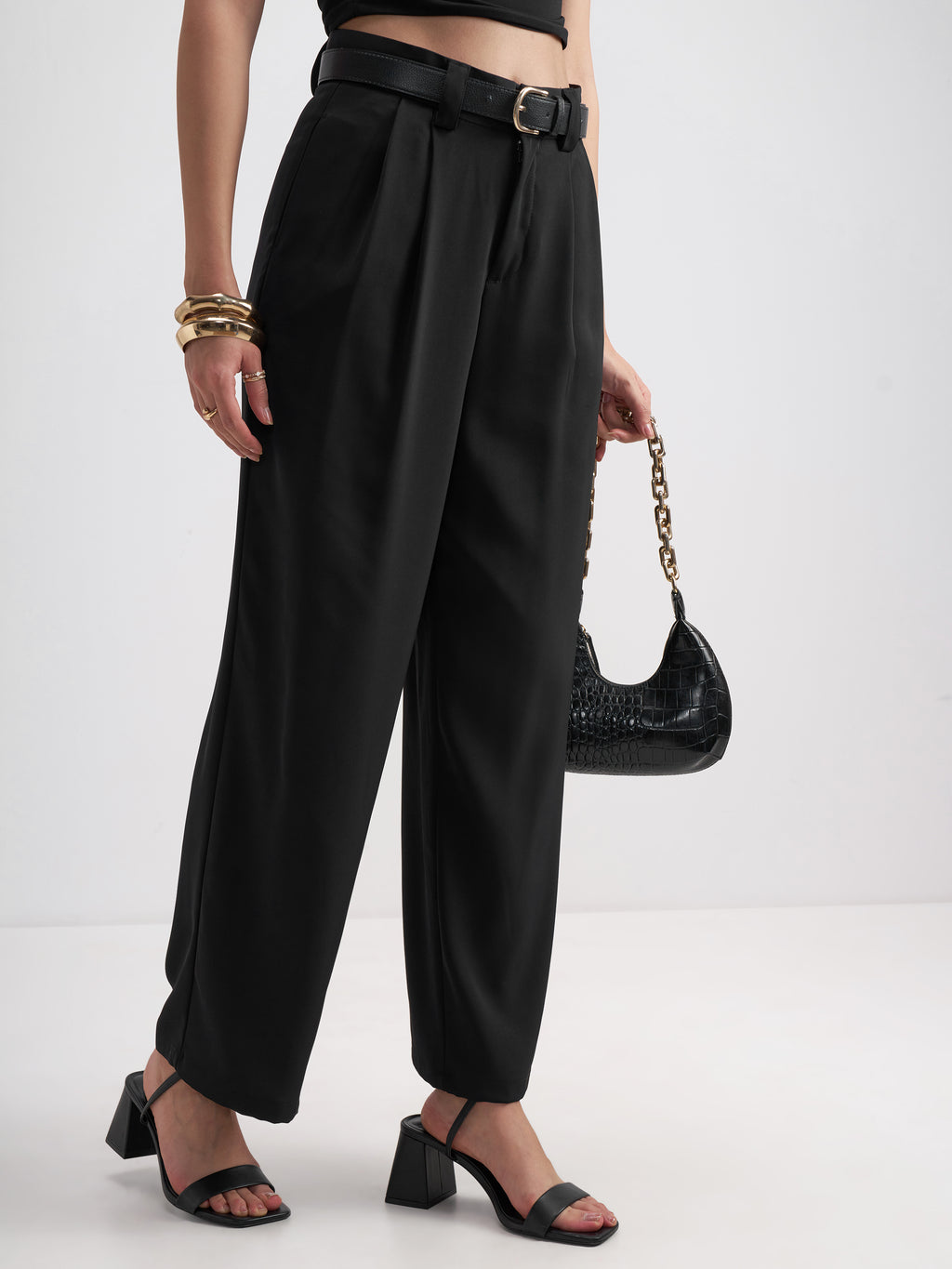 Tokyo Talkies Women Black Solid Straight Fit Formal Trouser - Black - Image 6
