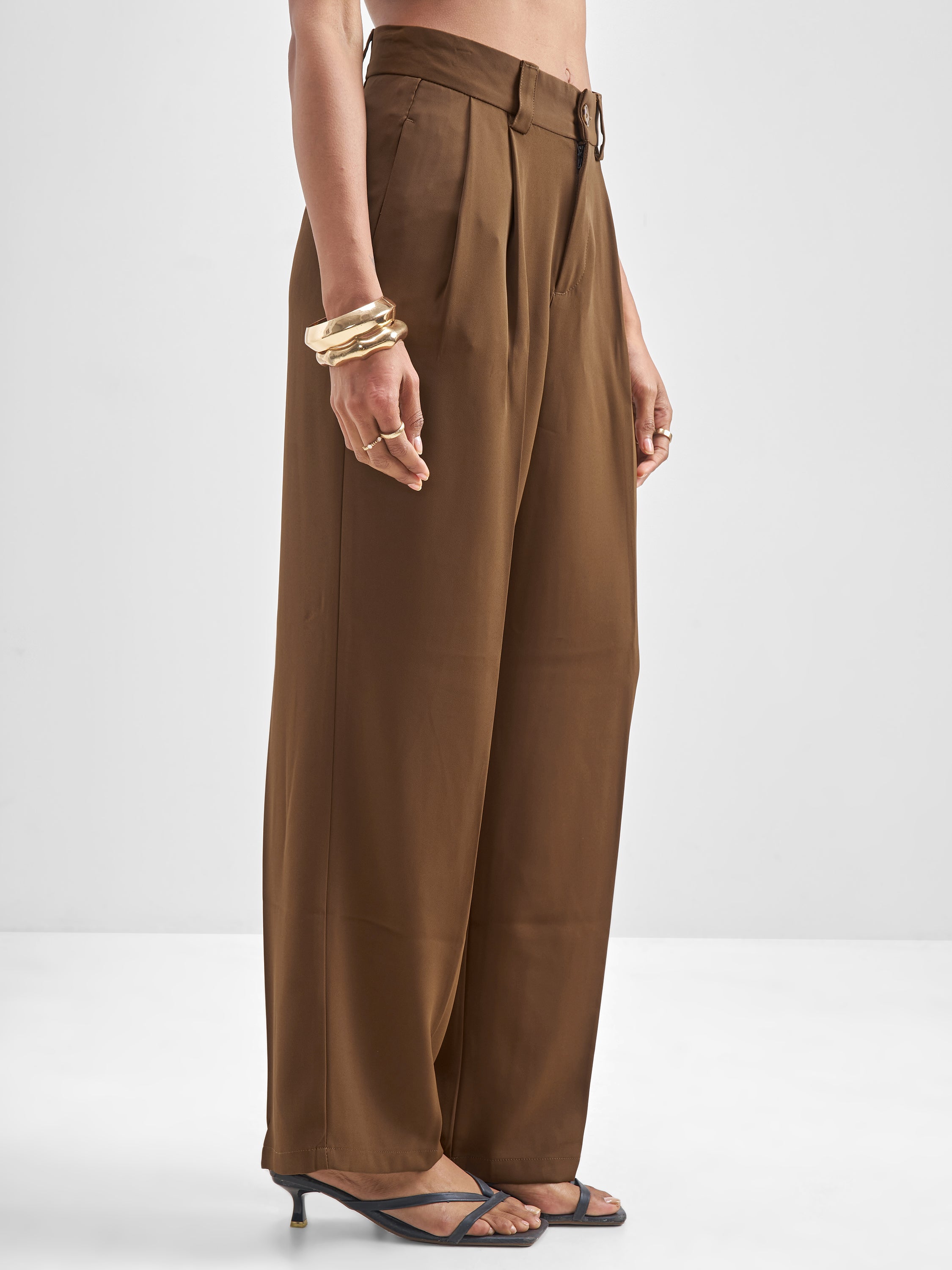 Chic By Tokyo Talkies Women Brown Solid Loose Fit Trouser - Brown - Image 6