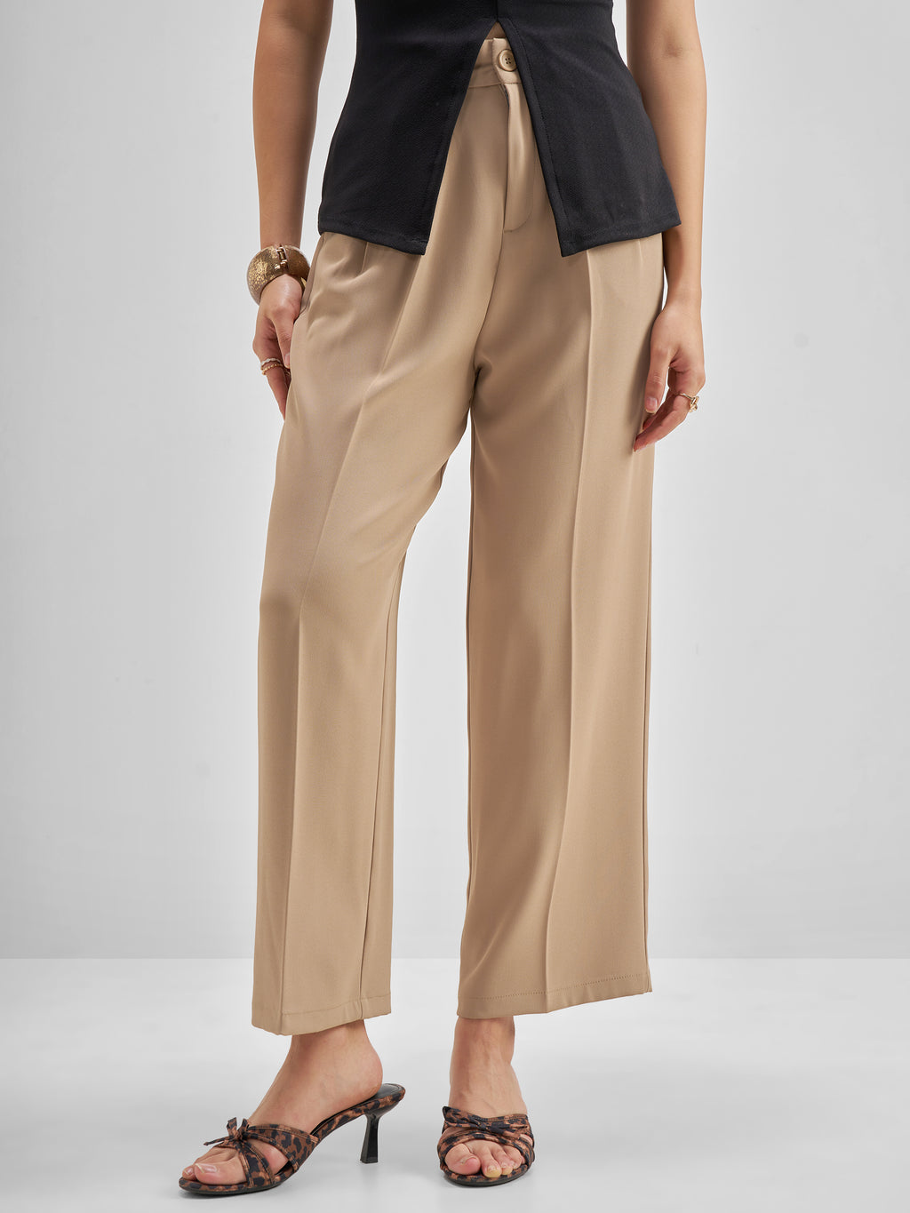 Tokyo Talkies Women Beige Solid Straight Fit Formal Trouser - Beige - Image 1
