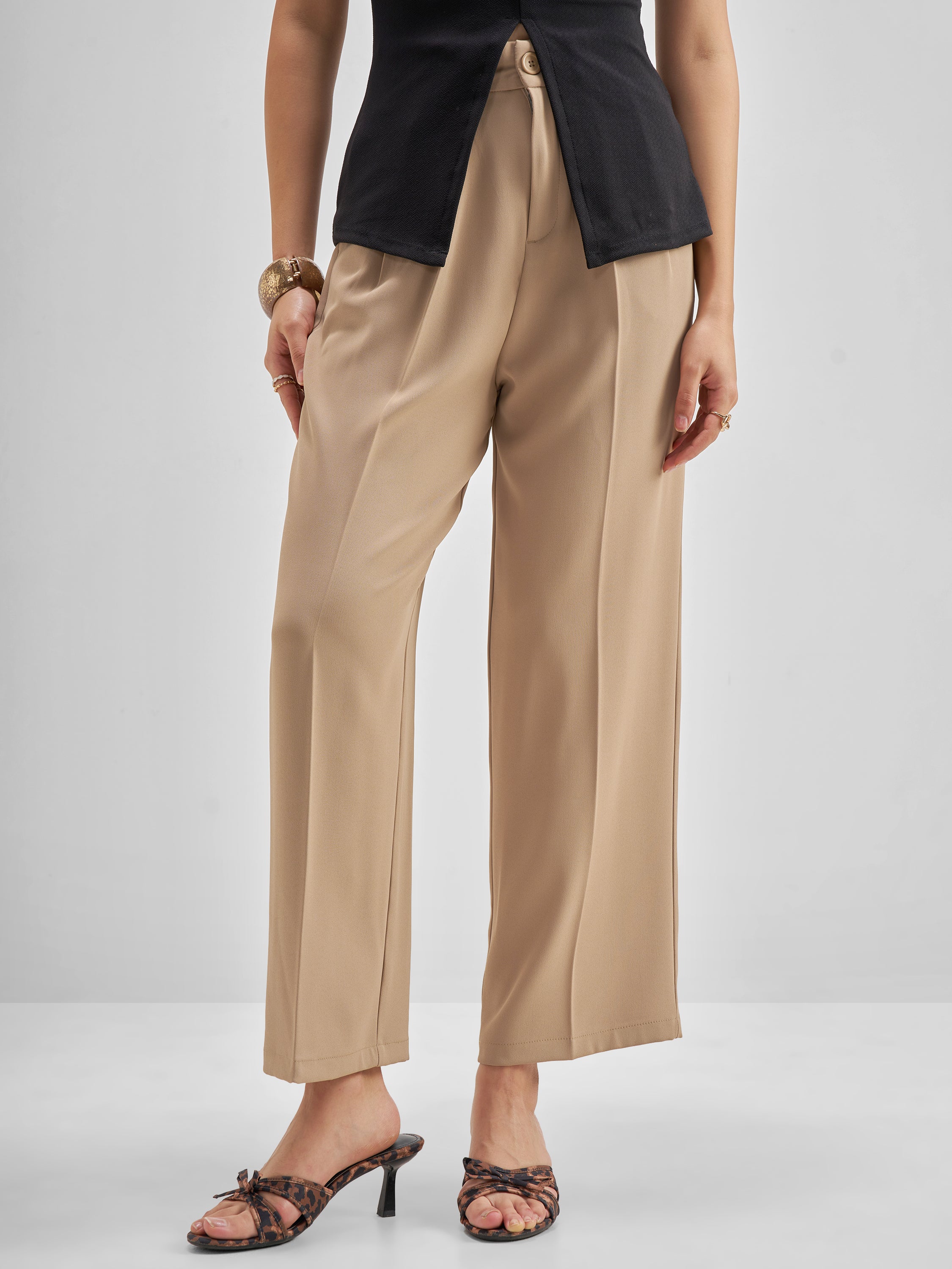 Tokyo Talkies Women Beige Solid Straight Fit Formal Trouser - Beige - Image 1