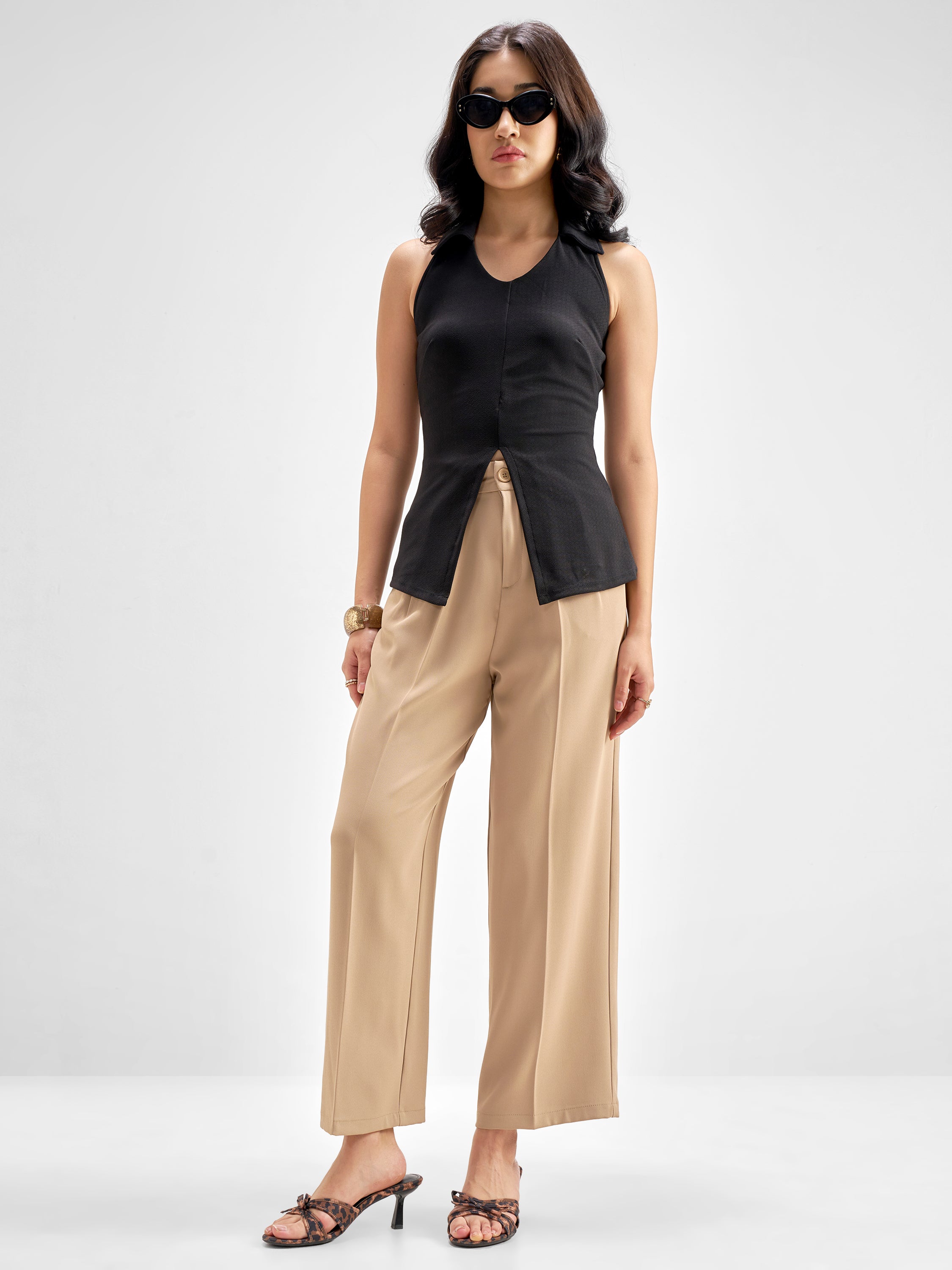 Tokyo Talkies Women Beige Solid Straight Fit Formal Trouser - Beige - Image 2