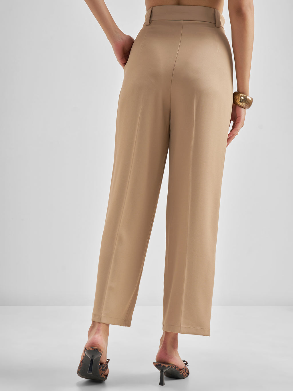 Tokyo Talkies Women Beige Solid Straight Fit Formal Trouser - Beige - Image 3