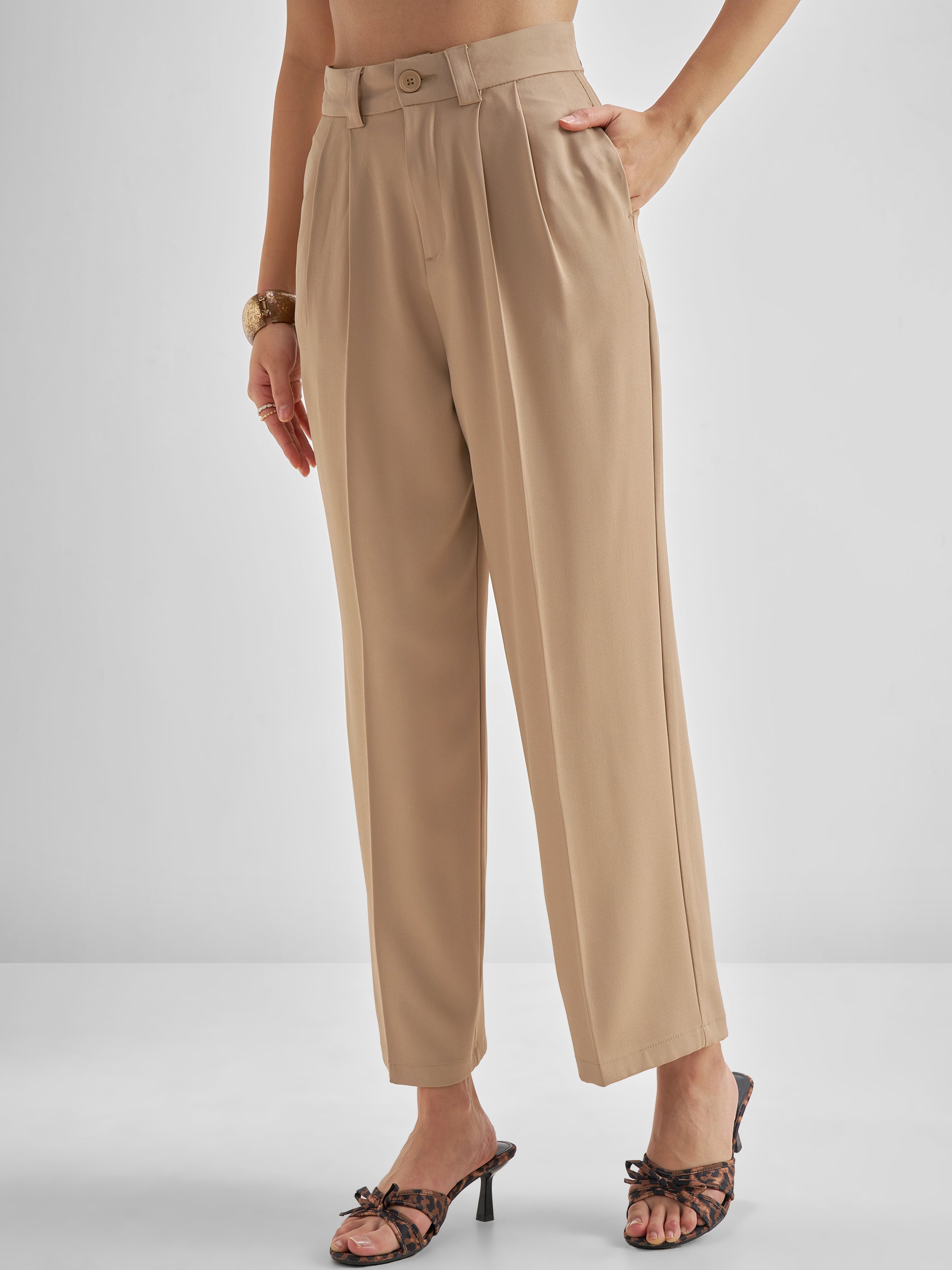 Tokyo Talkies Women Beige Solid Straight Fit Formal Trouser - Beige - Image 4