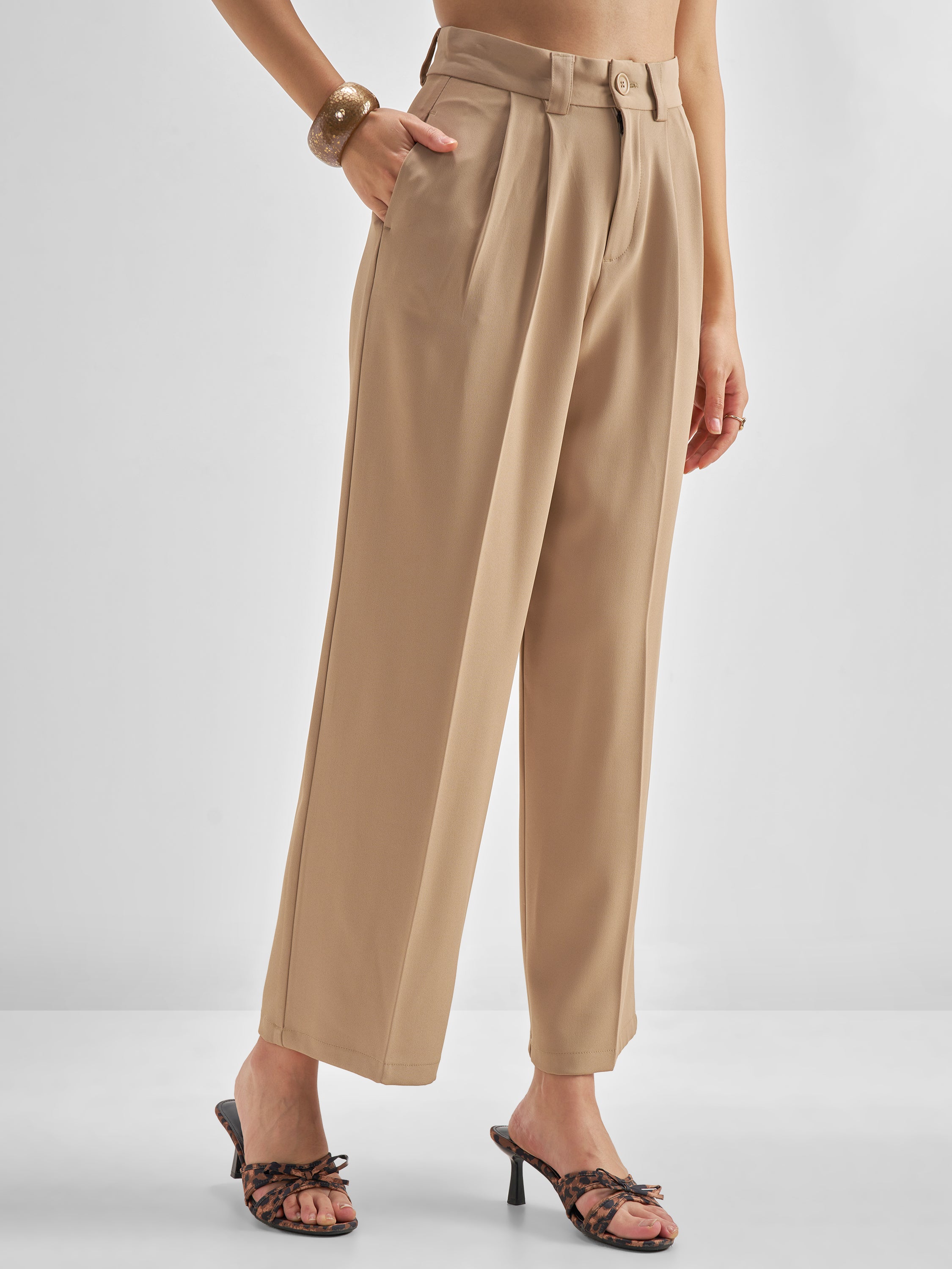 Tokyo Talkies Women Beige Solid Straight Fit Formal Trouser - Beige - Image 6