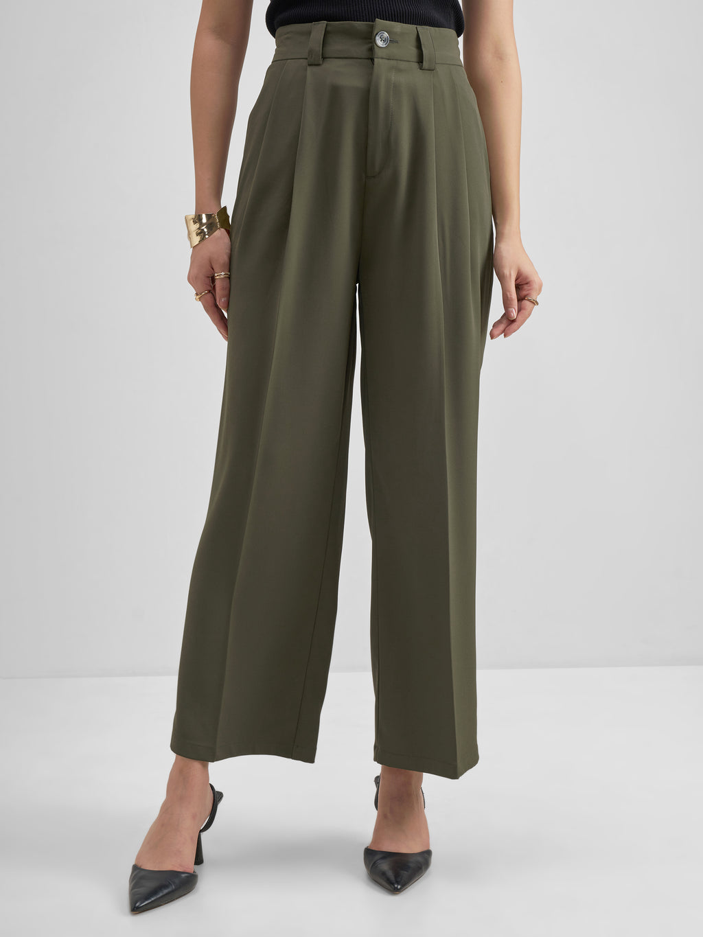 Tokyo Talkies Women Olive Solid Straight Fit Formal Trouser - Olive - Image 1