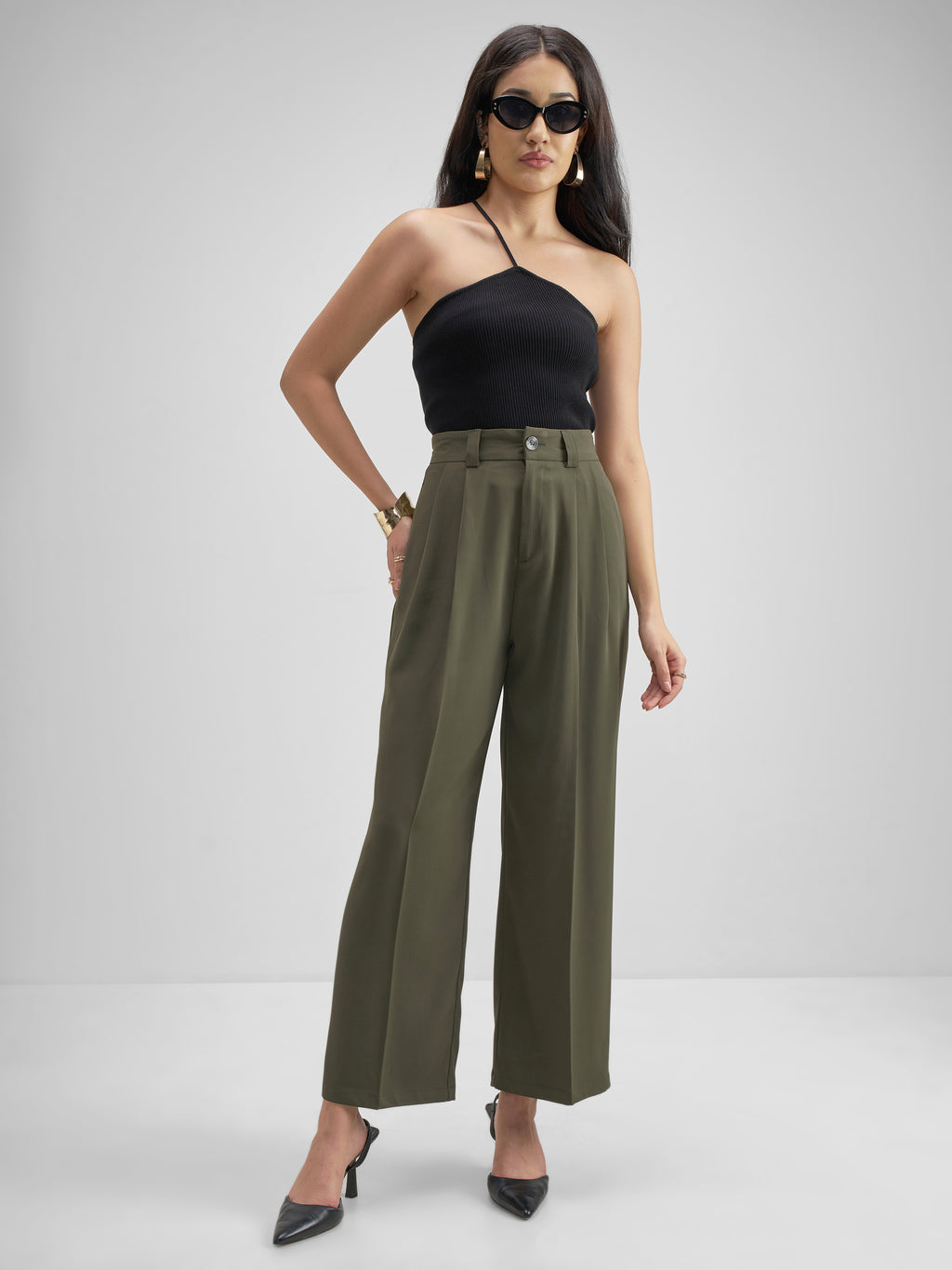 Tokyo Talkies Women Olive Solid Straight Fit Formal Trouser - Olive - Image 2