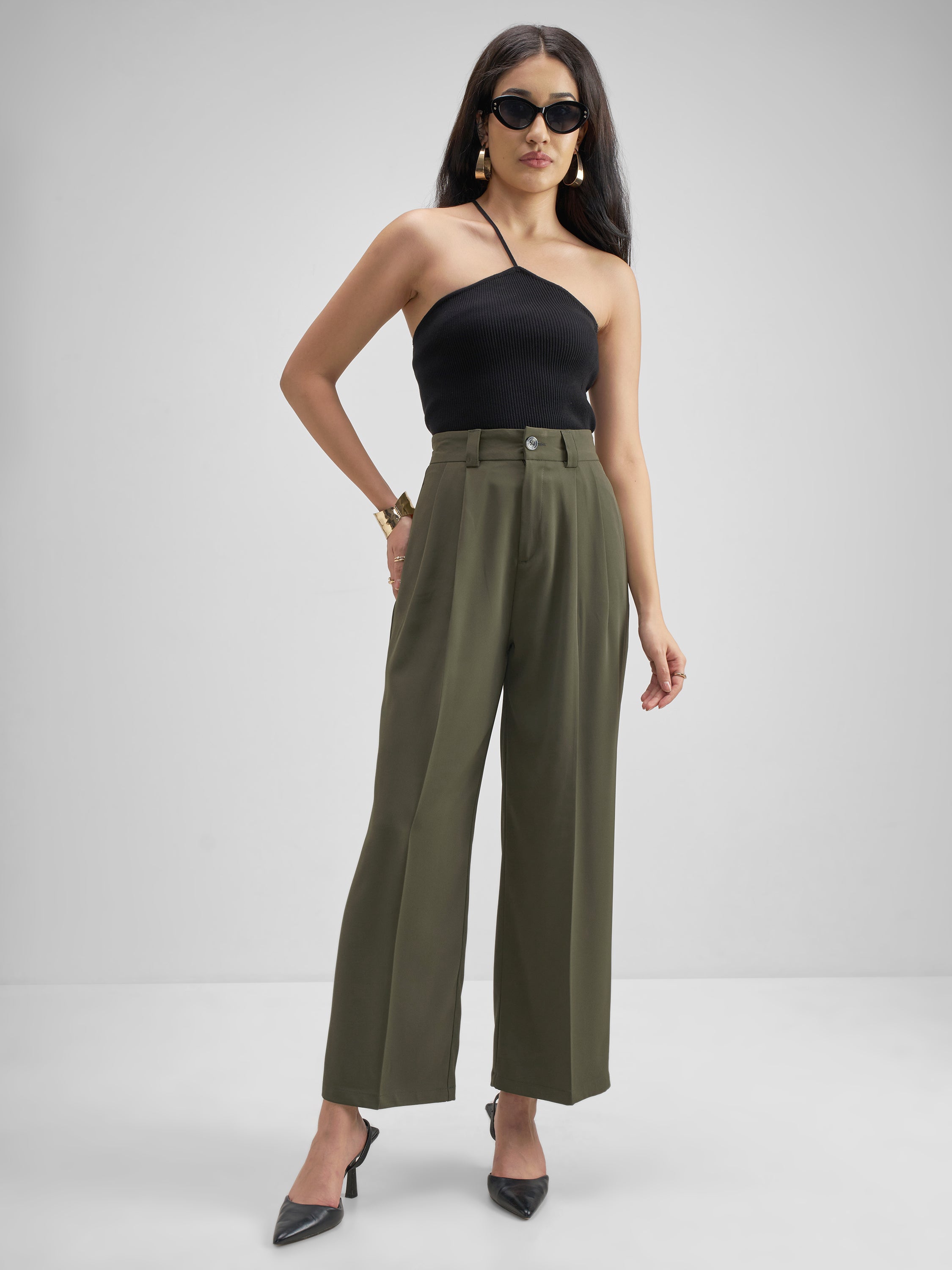Tokyo Talkies Women Olive Solid Straight Fit Formal Trouser - Olive - Image 2
