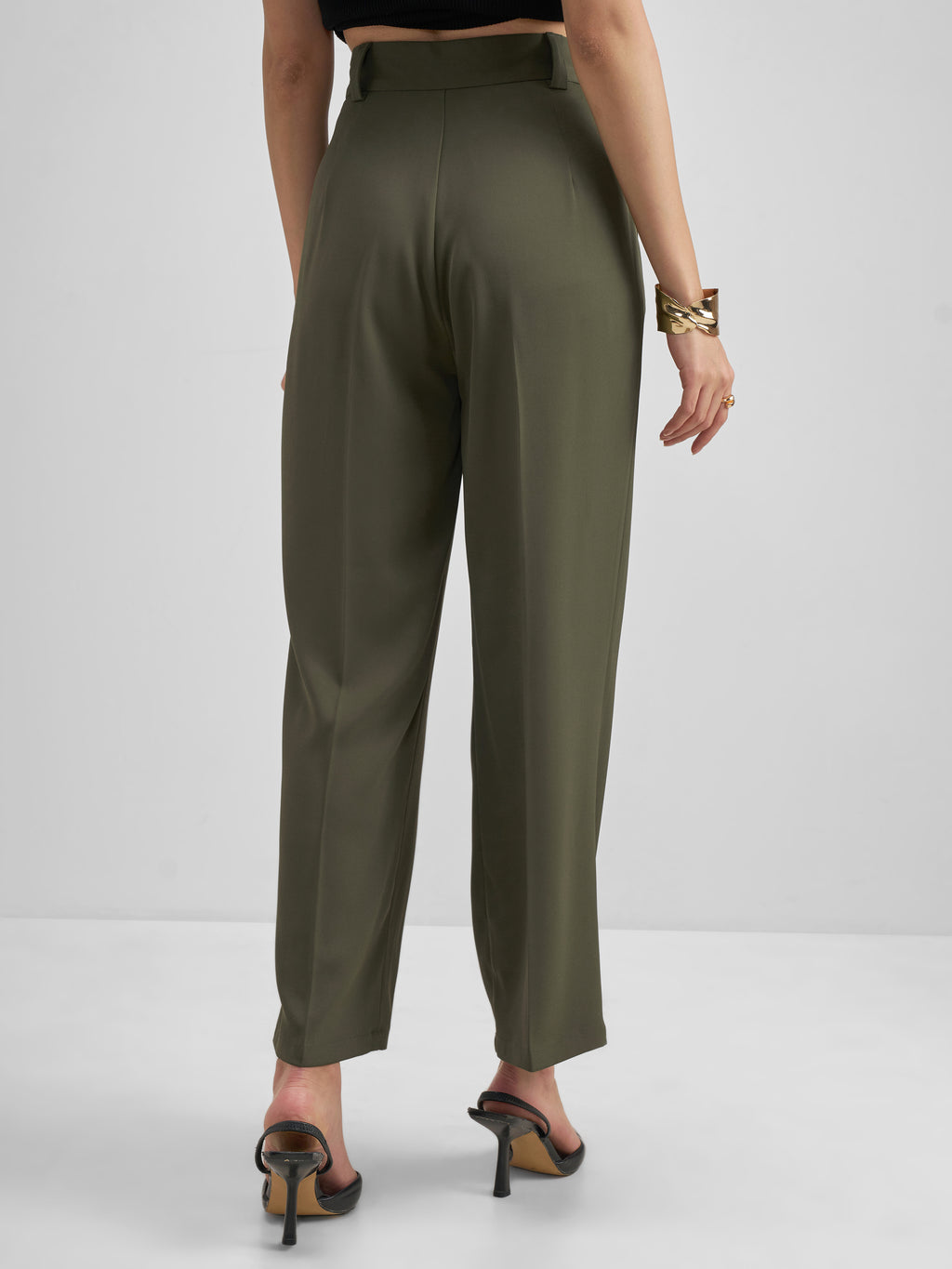 Tokyo Talkies Women Olive Solid Straight Fit Formal Trouser - Olive - Image 3