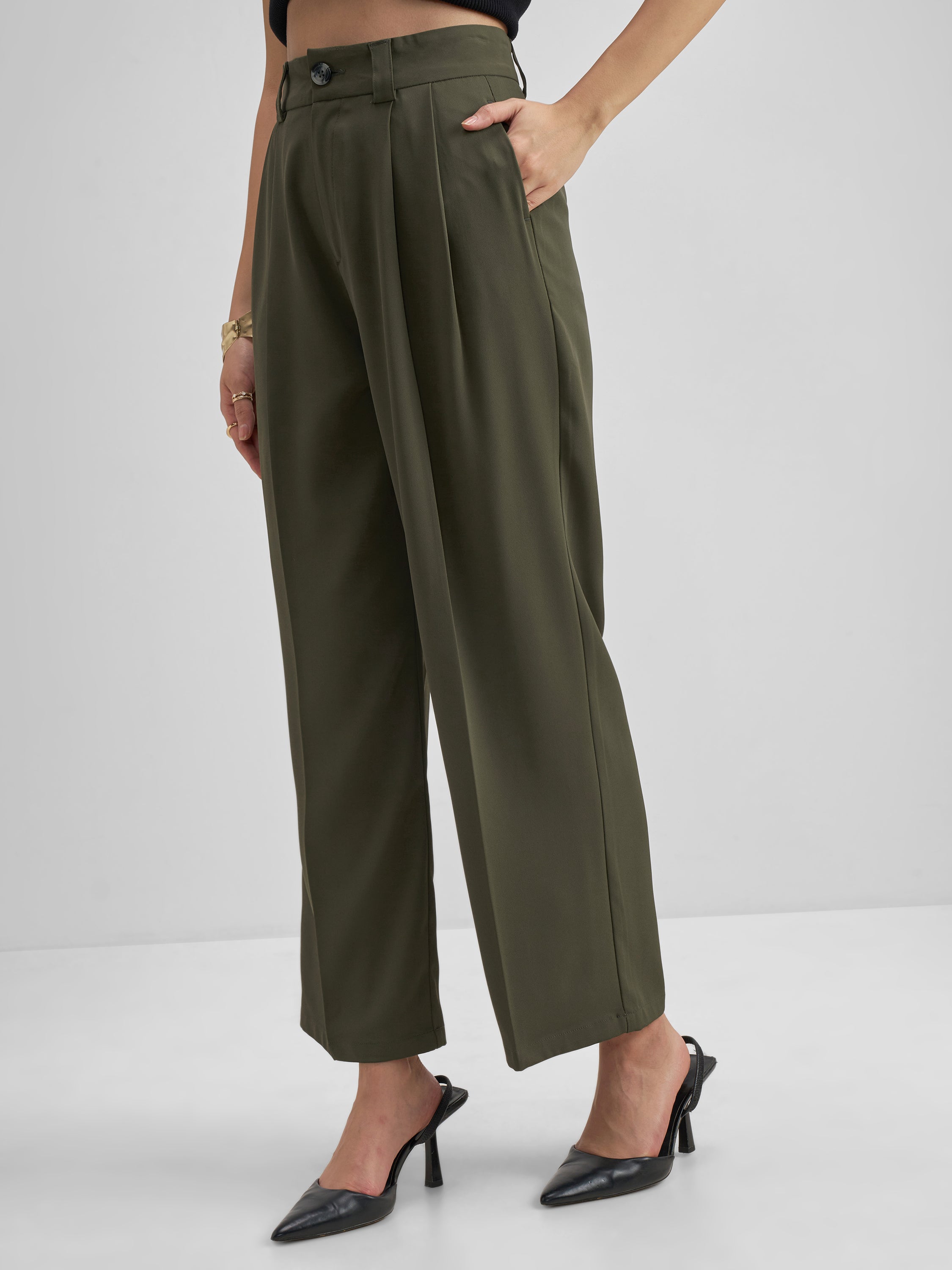 Tokyo Talkies Women Olive Solid Straight Fit Formal Trouser - Olive - Image 4