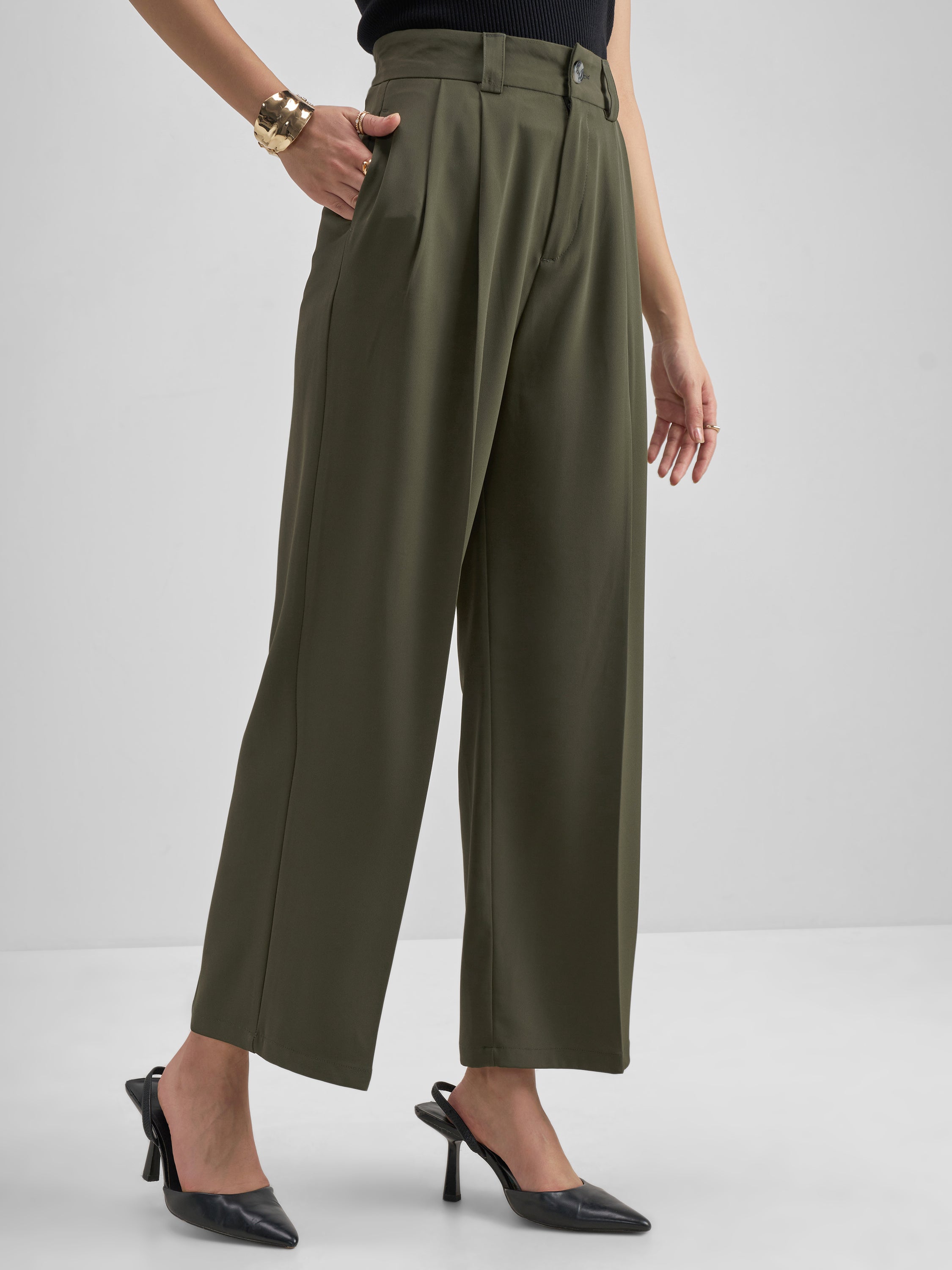 Tokyo Talkies Women Olive Solid Straight Fit Formal Trouser - Olive - Image 6