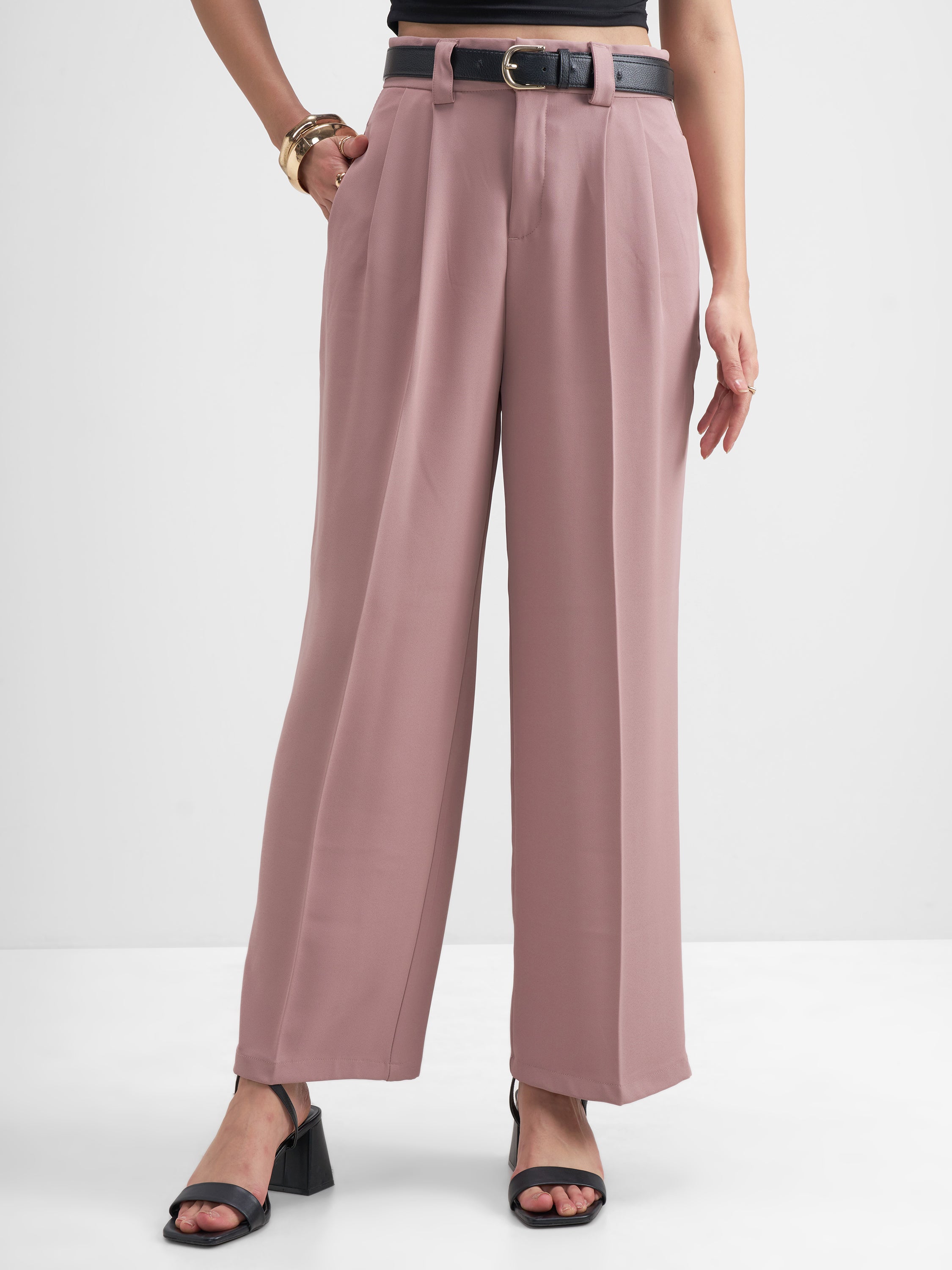 Tokyo Talkies Women Pink Solid Straight Fit Formal Trouser - Pink - Image 1