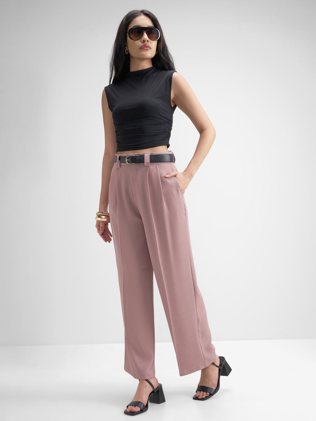 Tokyo Talkies Women Pink Solid Straight Fit Formal Trouser - Pink - Image 2
