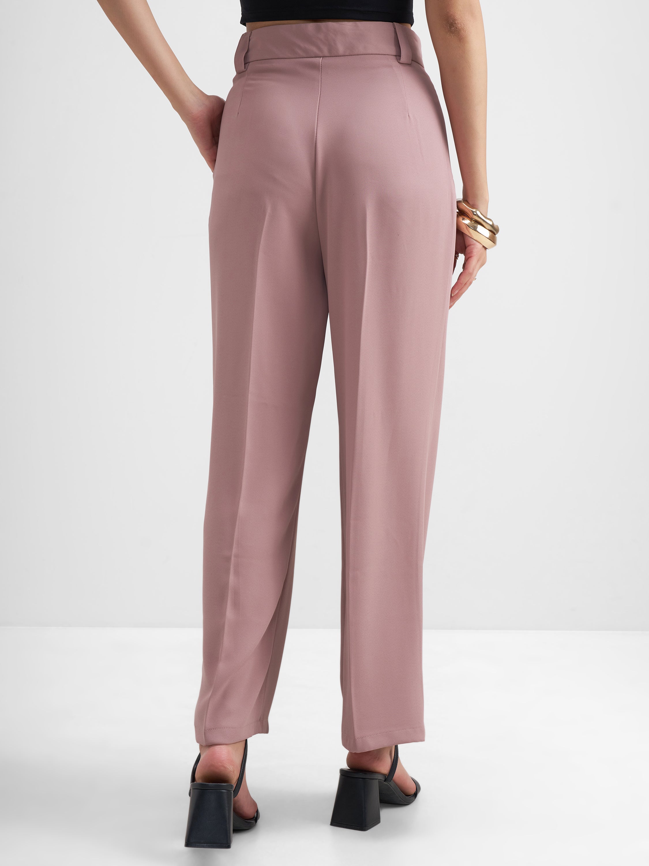Tokyo Talkies Women Pink Solid Straight Fit Formal Trouser - Pink - Image 3