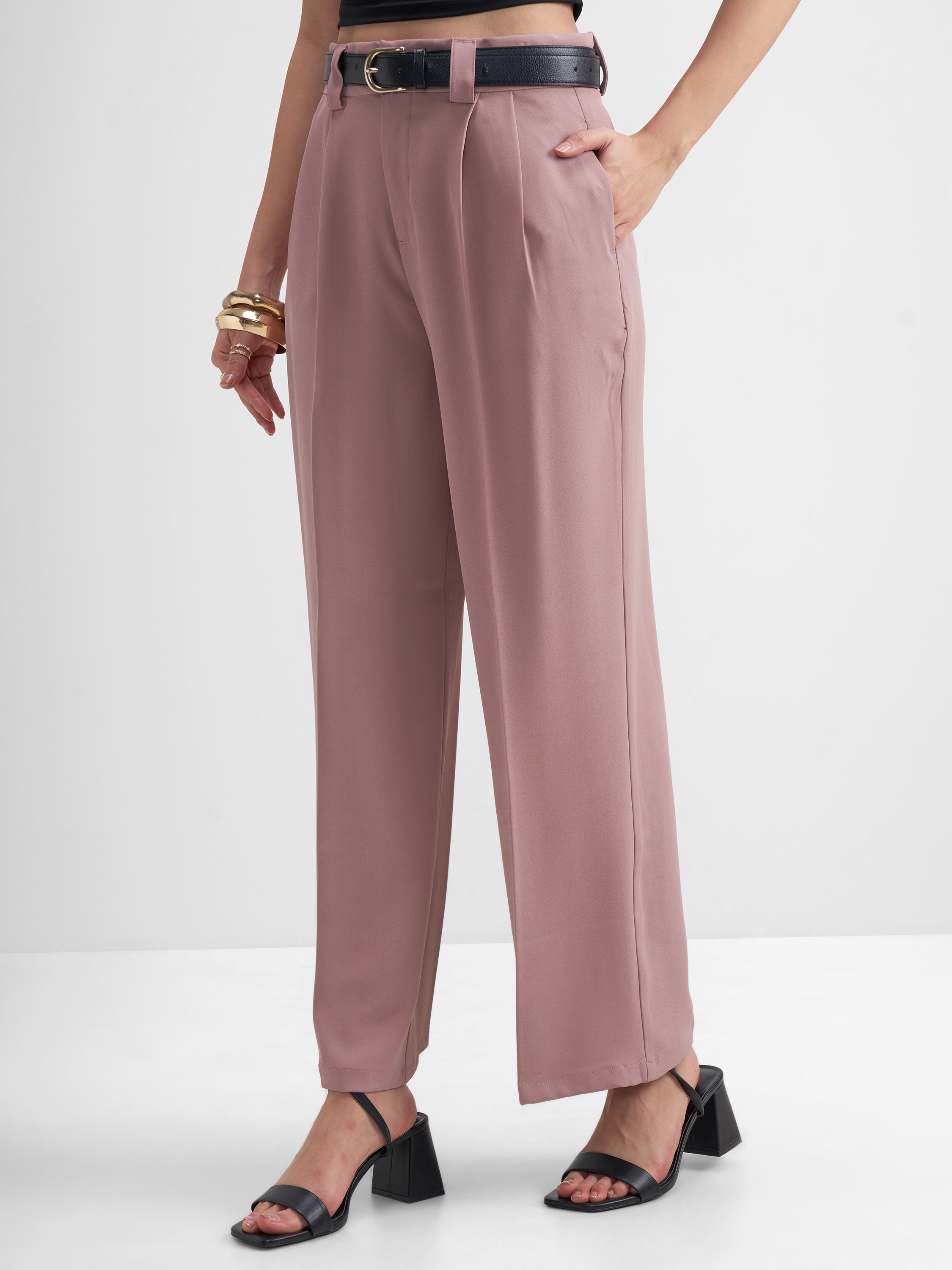 Tokyo Talkies Women Pink Solid Straight Fit Formal Trouser - Pink - Image 4