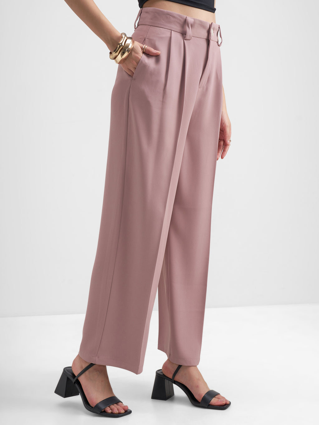 Tokyo Talkies Women Pink Solid Straight Fit Formal Trouser - Pink - Image 6