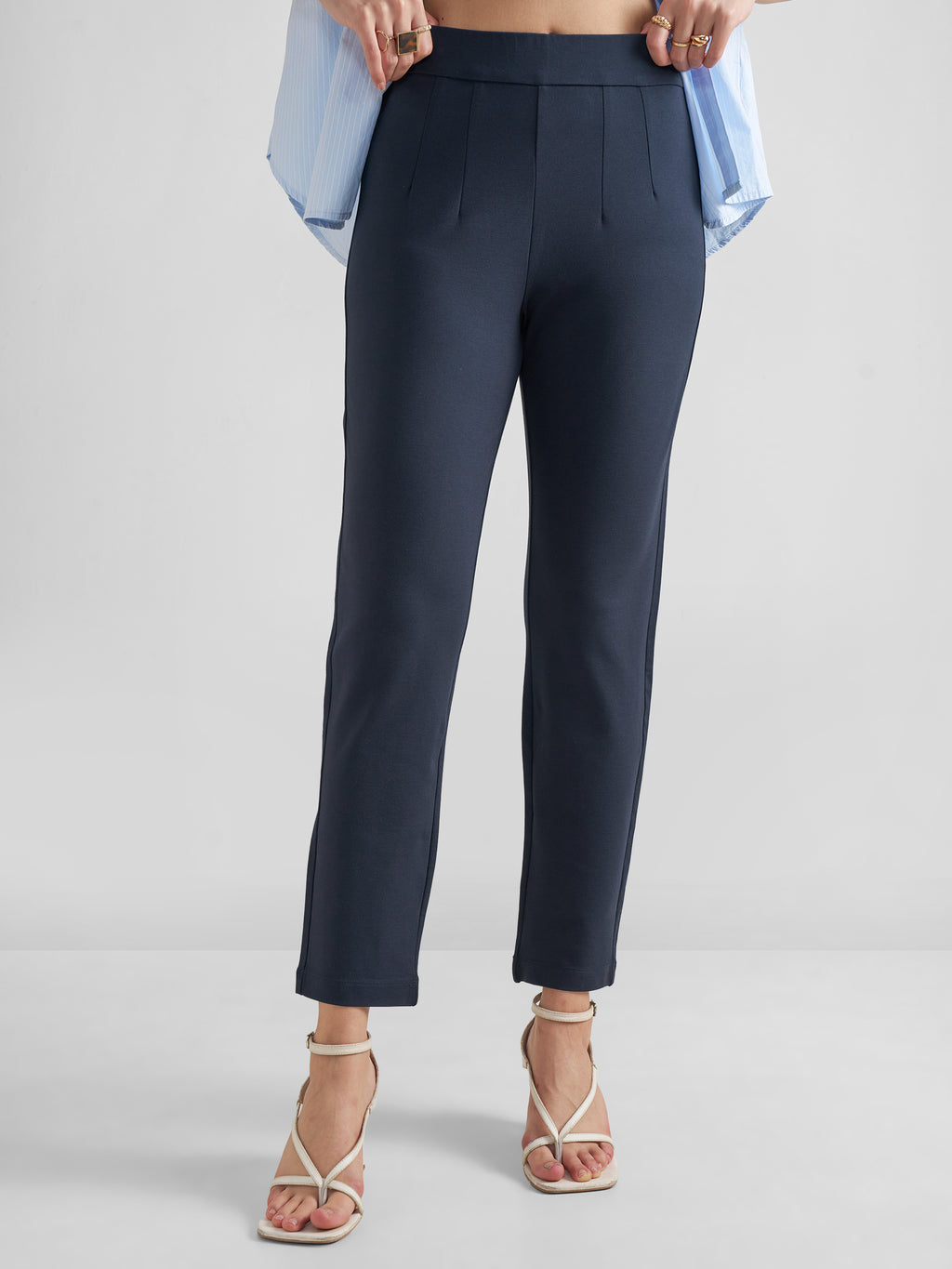 Tokyo Talkies Women Navy Blue Solid Slim Fit Regular Trouser - Navy Blue - Image 1
