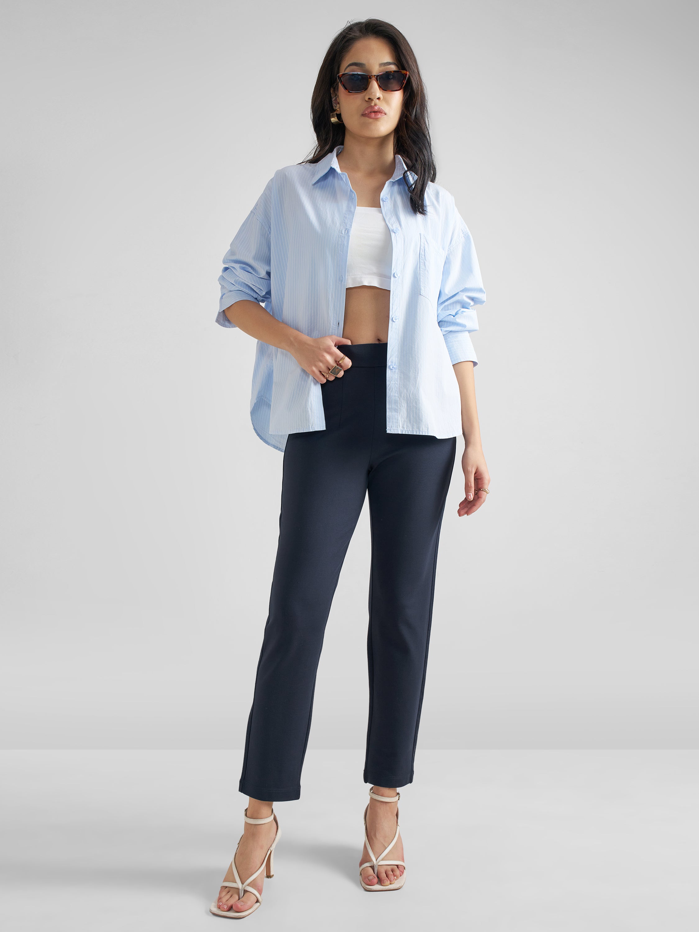 Tokyo Talkies Women Navy Blue Solid Slim Fit Regular Trouser - Navy Blue - Image 2