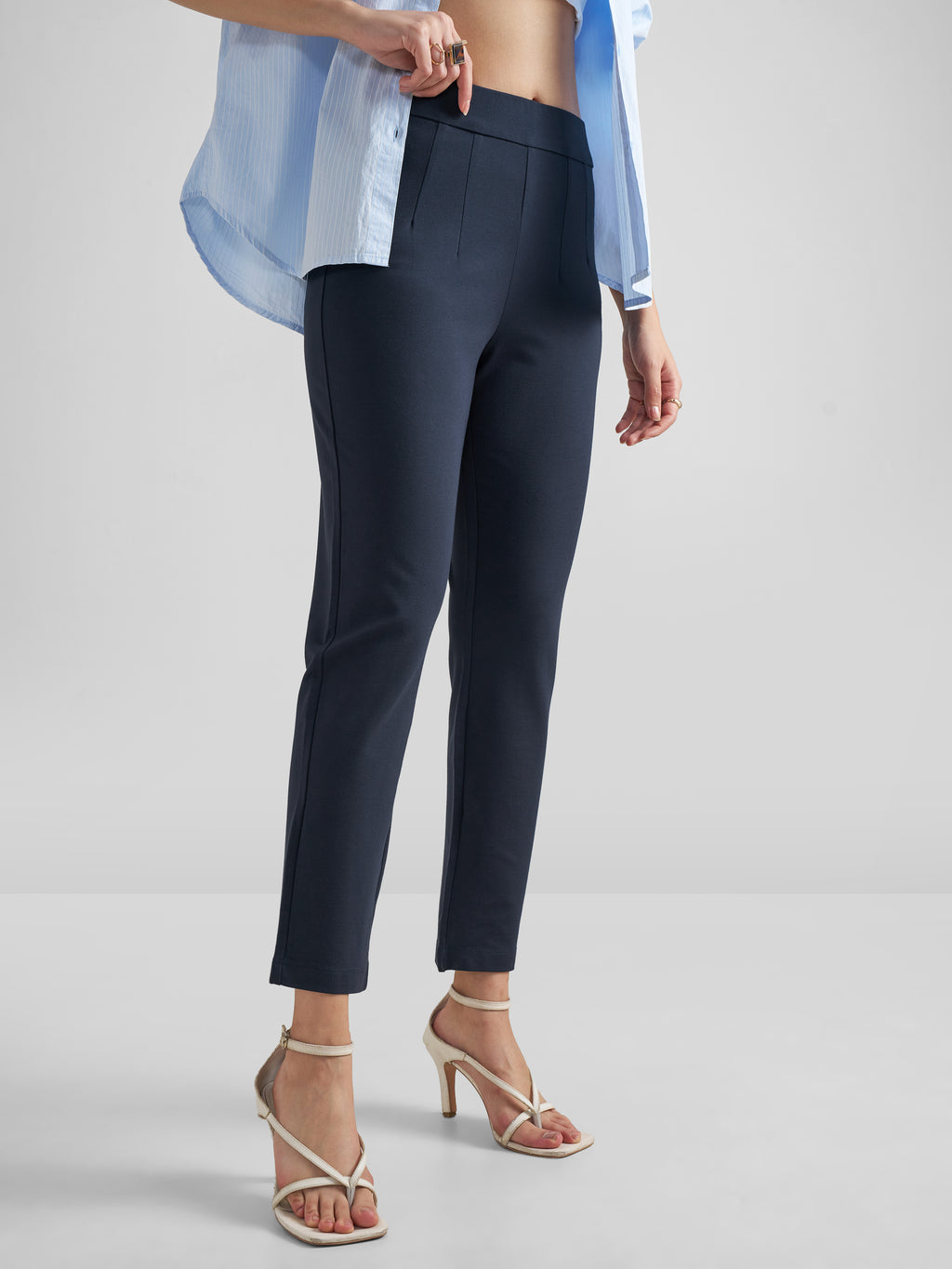 Tokyo Talkies Women Navy Blue Solid Slim Fit Regular Trouser - Navy Blue - Image 6