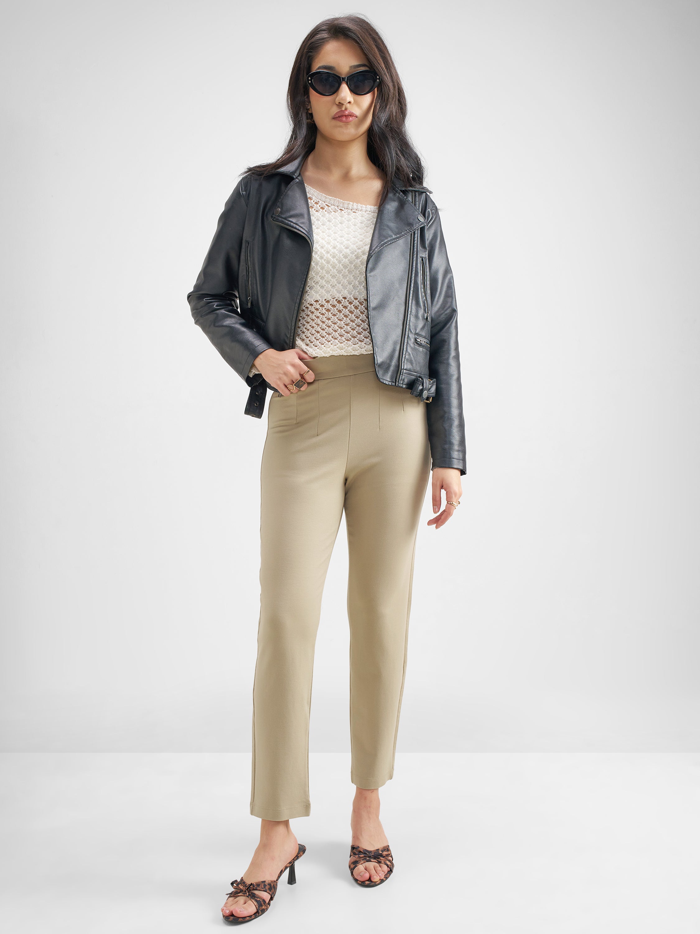 Tokyo Talkies Women Beige Solid Slim Fit Regular Trouser - Beige - Image 2