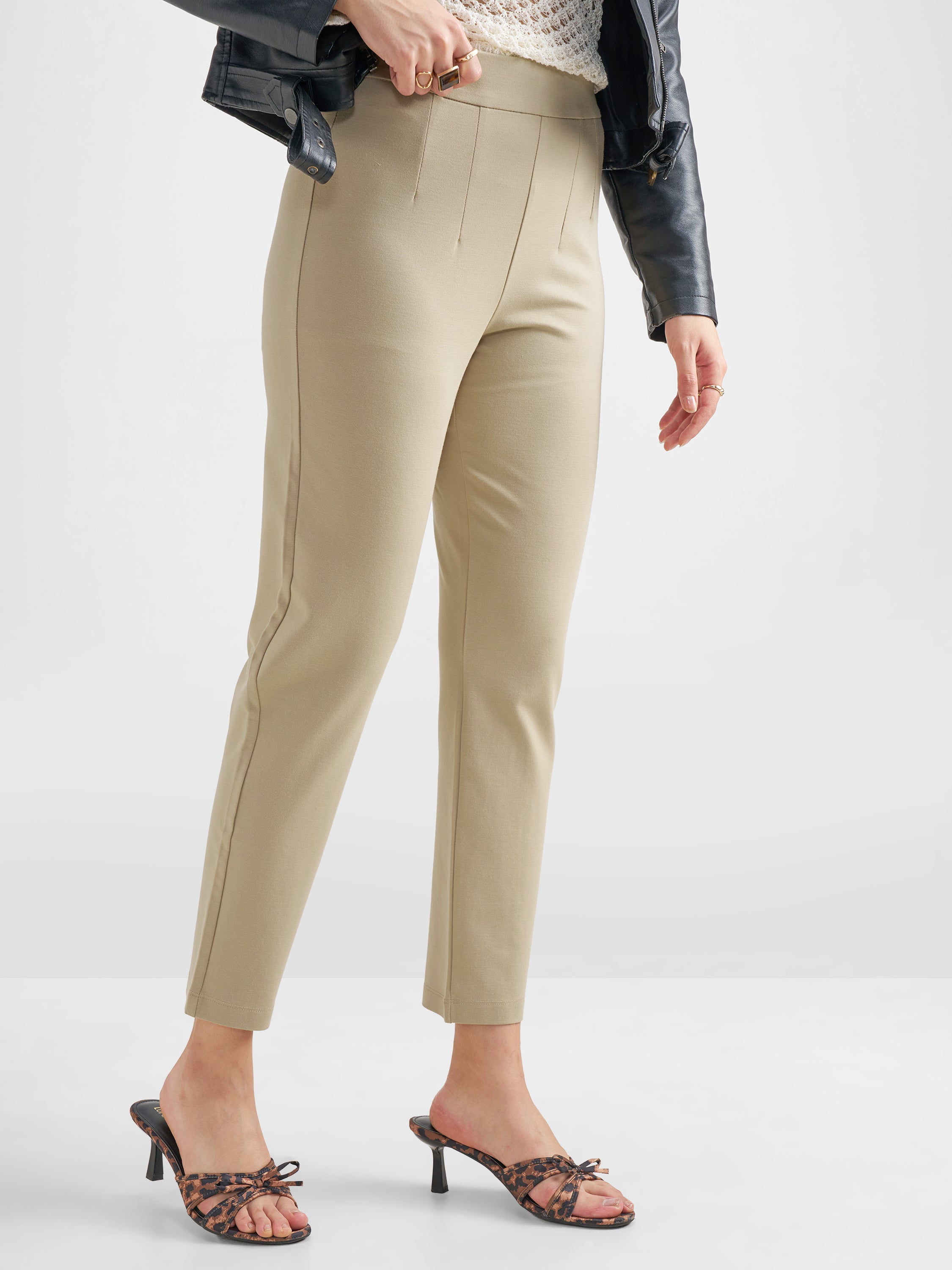 Tokyo Talkies Women Beige Solid Slim Fit Regular Trouser - Beige - Image 6