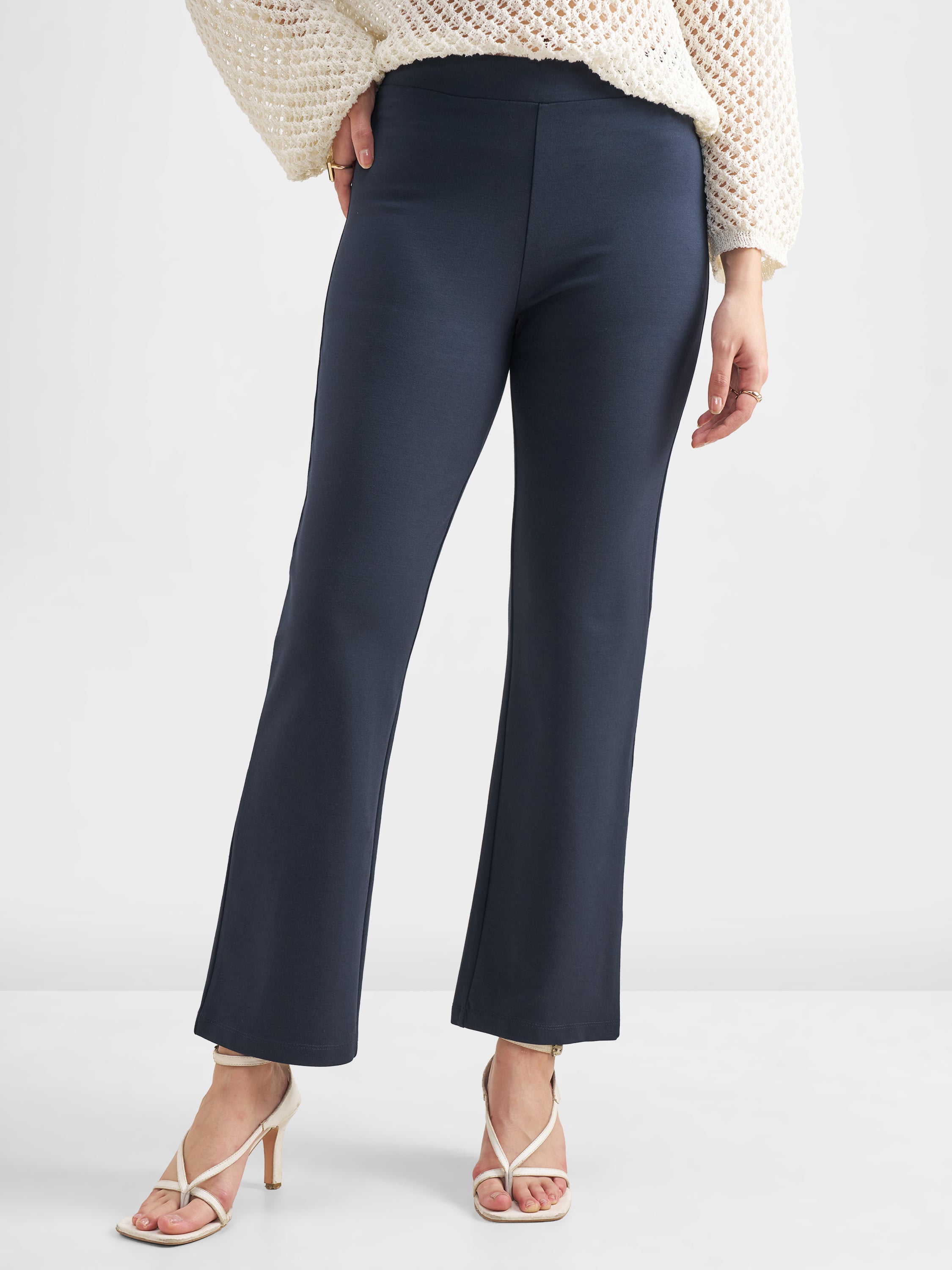 Tokyo Talkies Women Navy Blue Solid Bootcut Regular Trouser - Navy Blue - Image 1