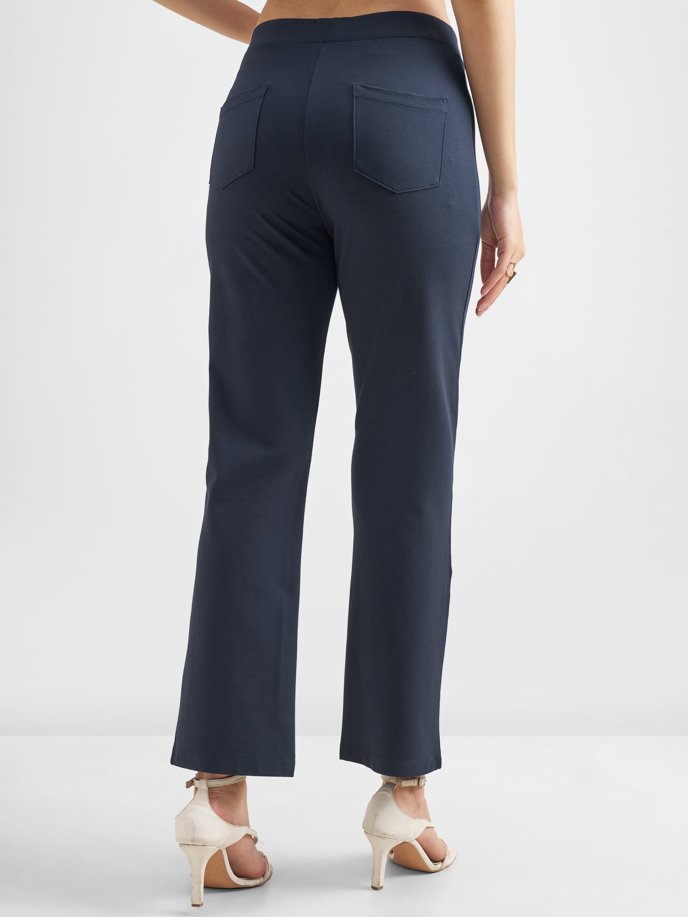 Tokyo Talkies Women Navy Blue Solid Bootcut Regular Trouser - Navy Blue - Image 3