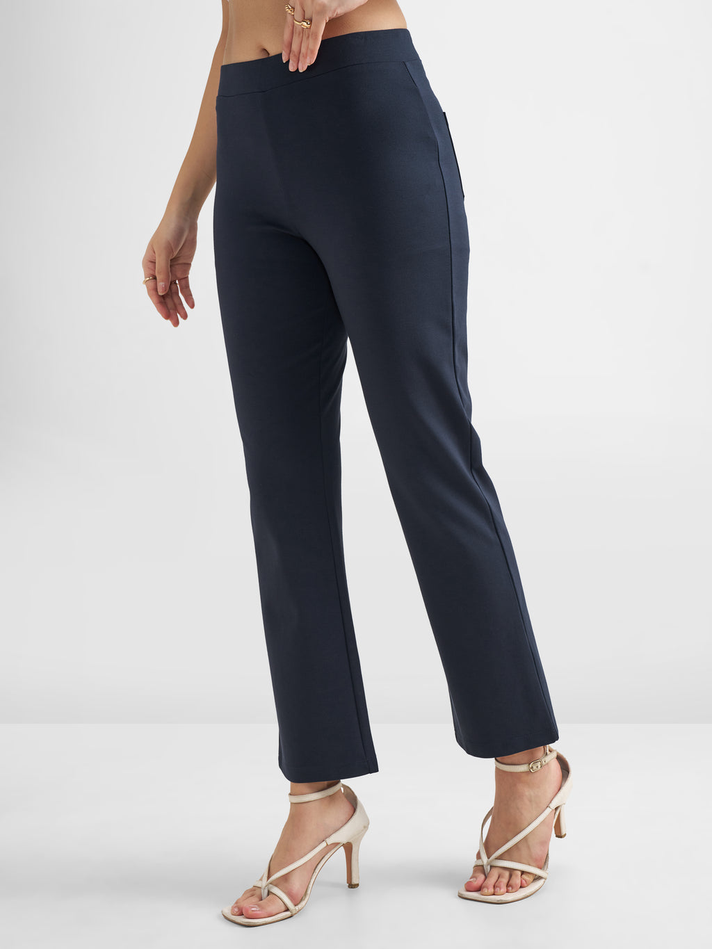 Tokyo Talkies Women Navy Blue Solid Bootcut Regular Trouser - Navy Blue - Image 6