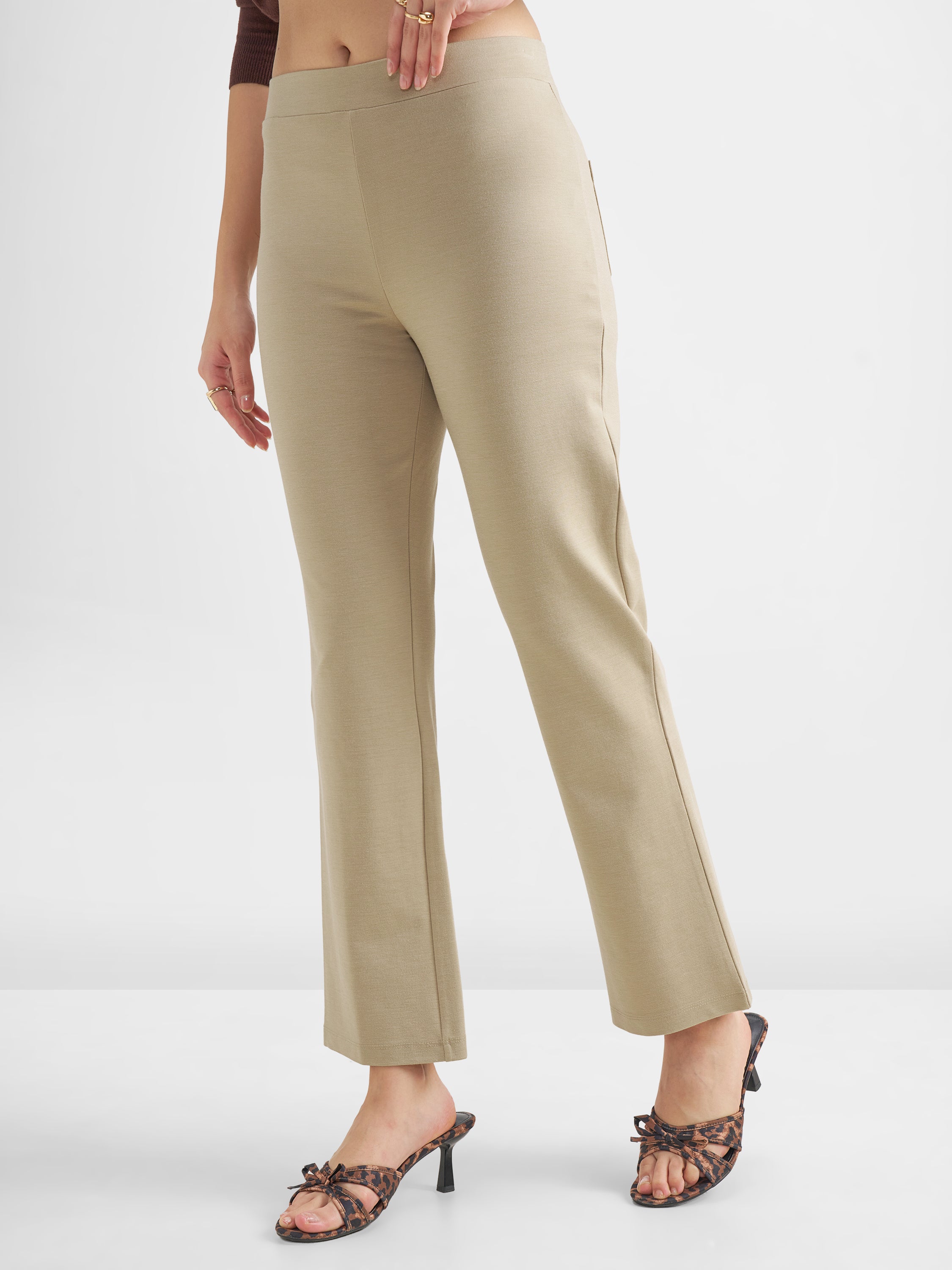 Tokyo Talkies Women Tan Solid Bootcut Regular Trouser - Tan - Image 4