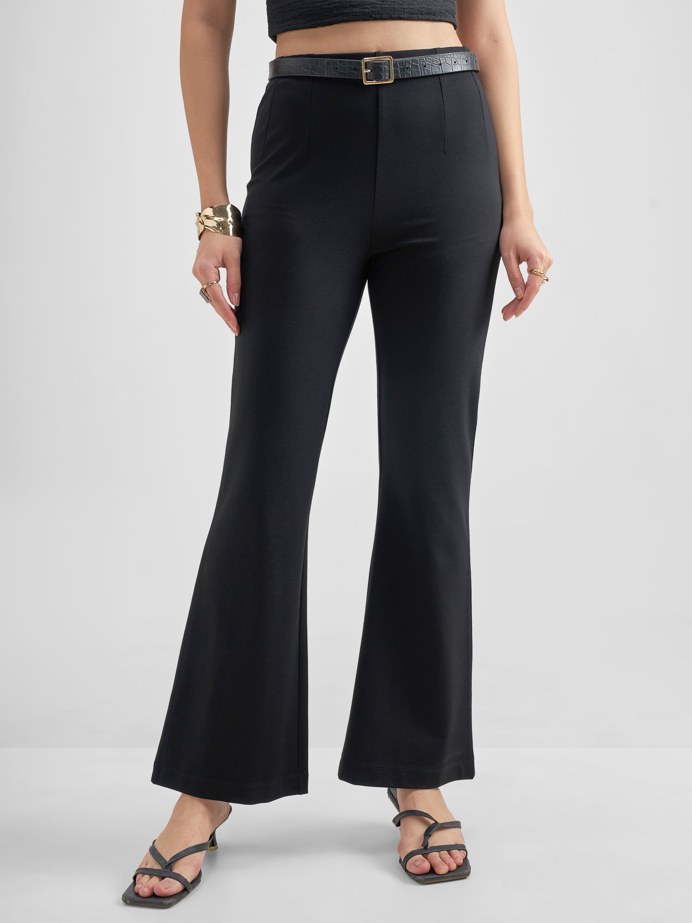 Tokyo Talkies Women Black Solid Bootcut Regular Trouser - Black - Image 1