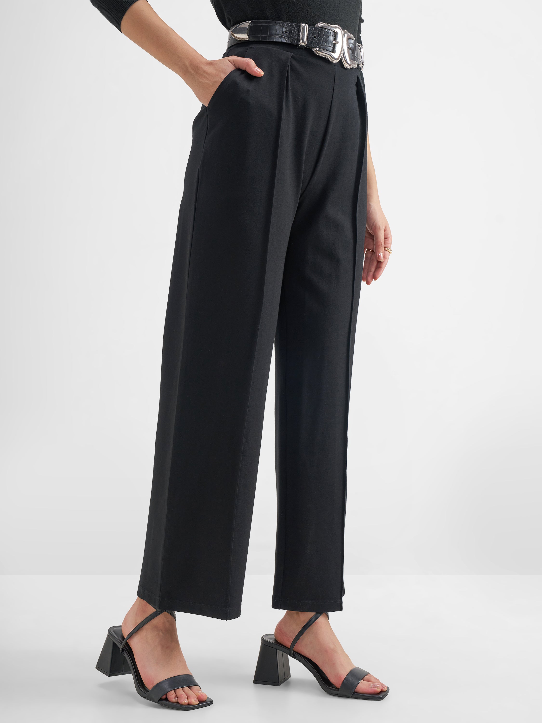 Tokyo Talkies Women Black Solid Straight Fit Regular Trouser - Black - Image 6
