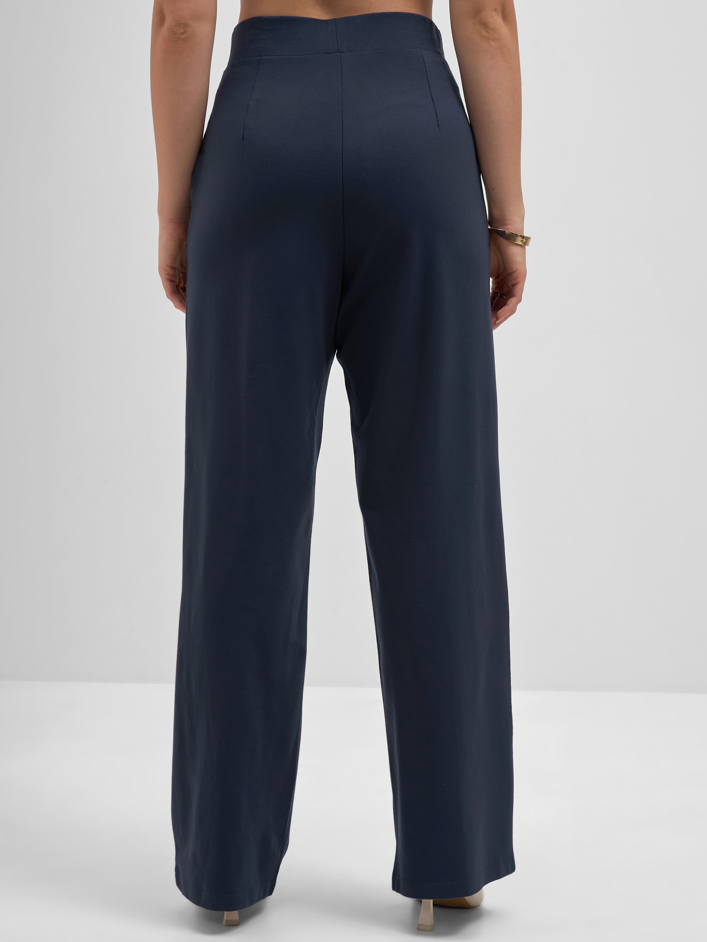 Tokyo Talkies Women Navy Blue Solid Straight Fit Regular Trouser