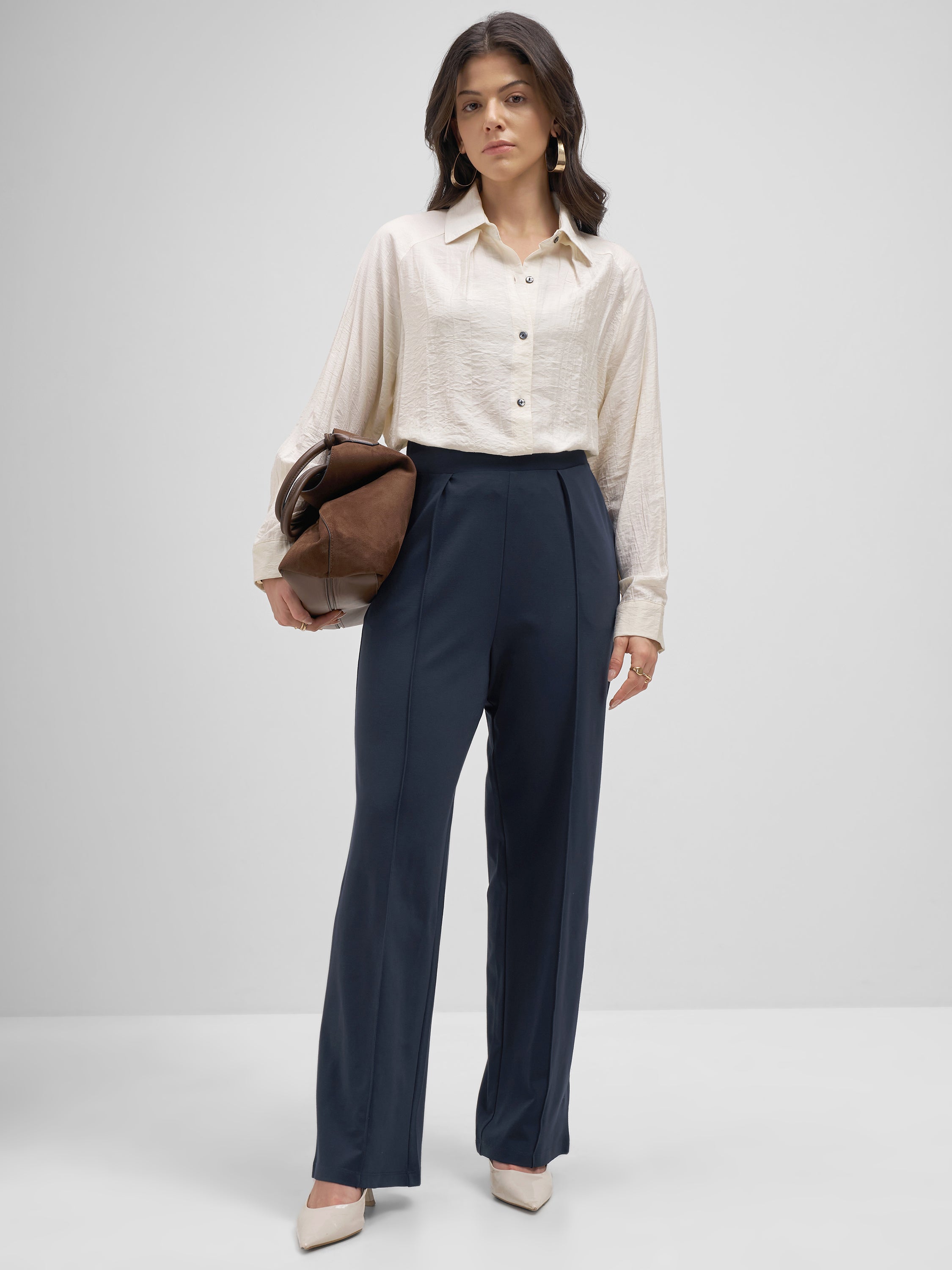 Tokyo Talkies Women Navy Blue Solid Straight Fit Regular Trouser