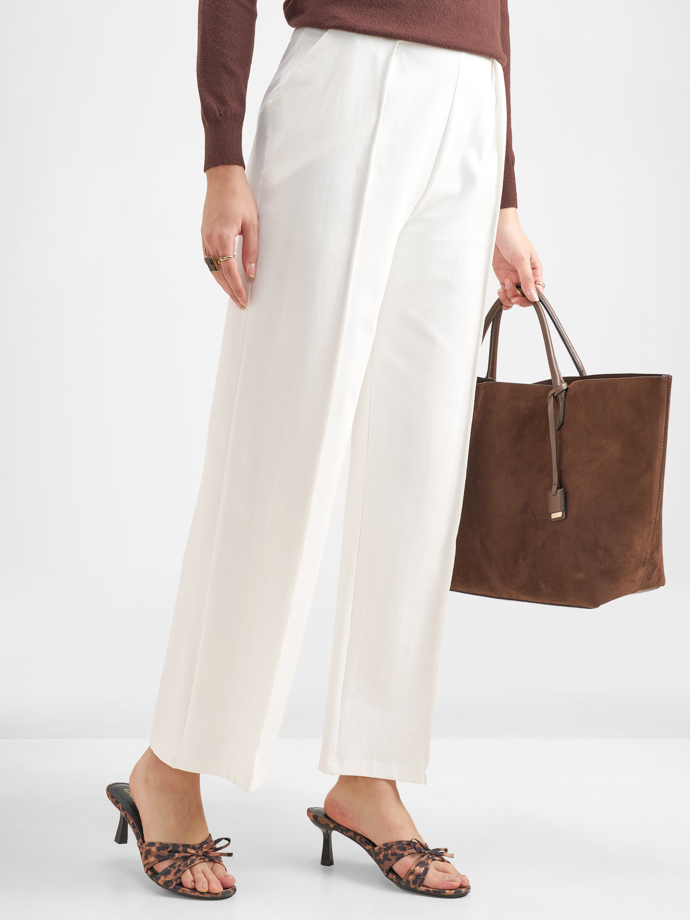 Tokyo Talkies Women White Solid Straight Fit Regular Trouser - White - Image 6