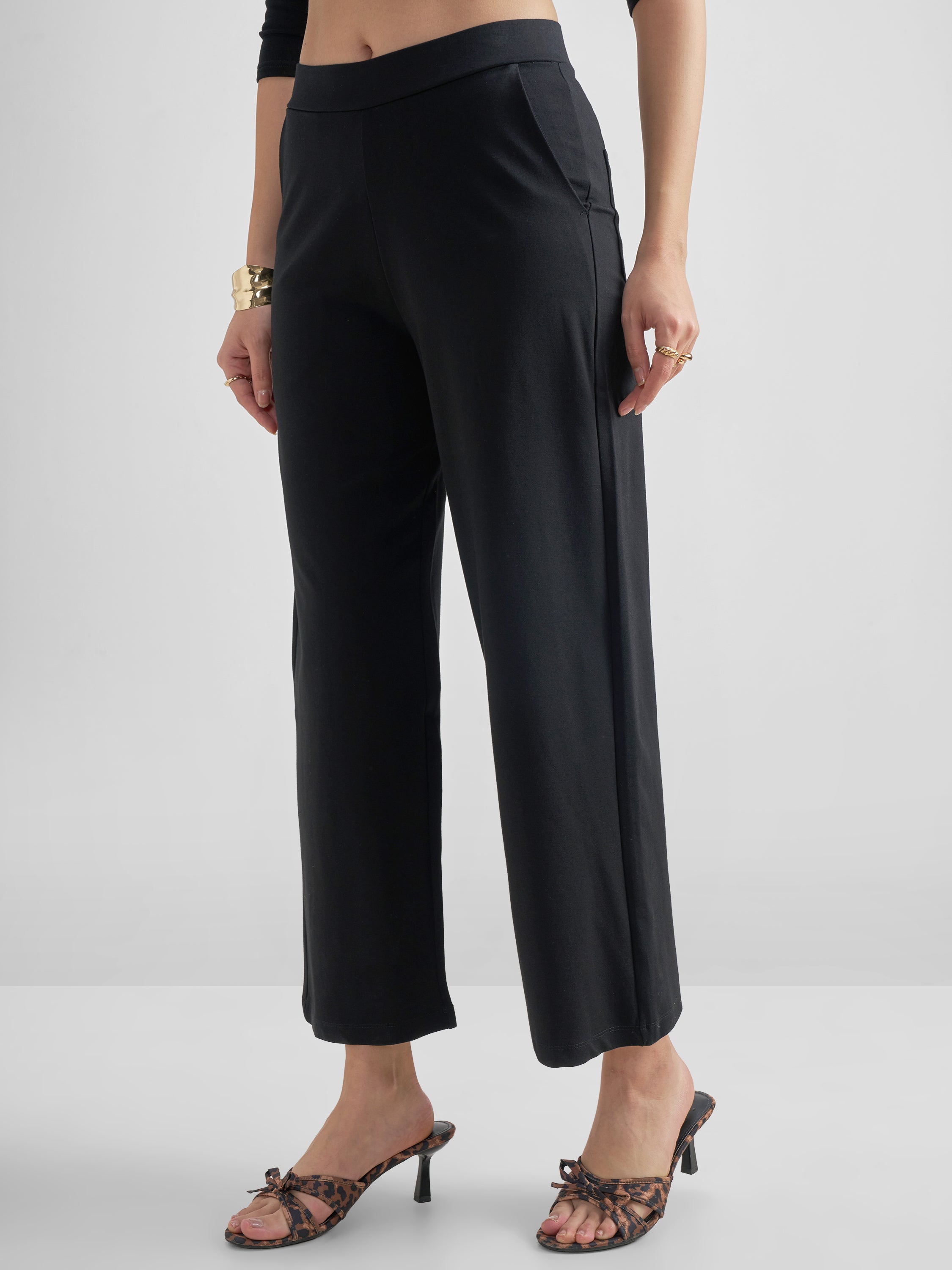 Tokyo Talkies Women Black Solid Wide Leg Regular Trouser - Black - Image 6