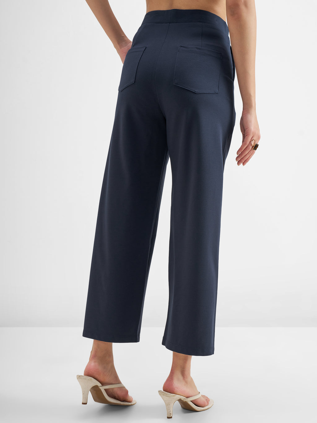 Tokyo Talkies Women Navy Blue Solid Wide Leg Regular Trouser - Navy Blue - Image 3