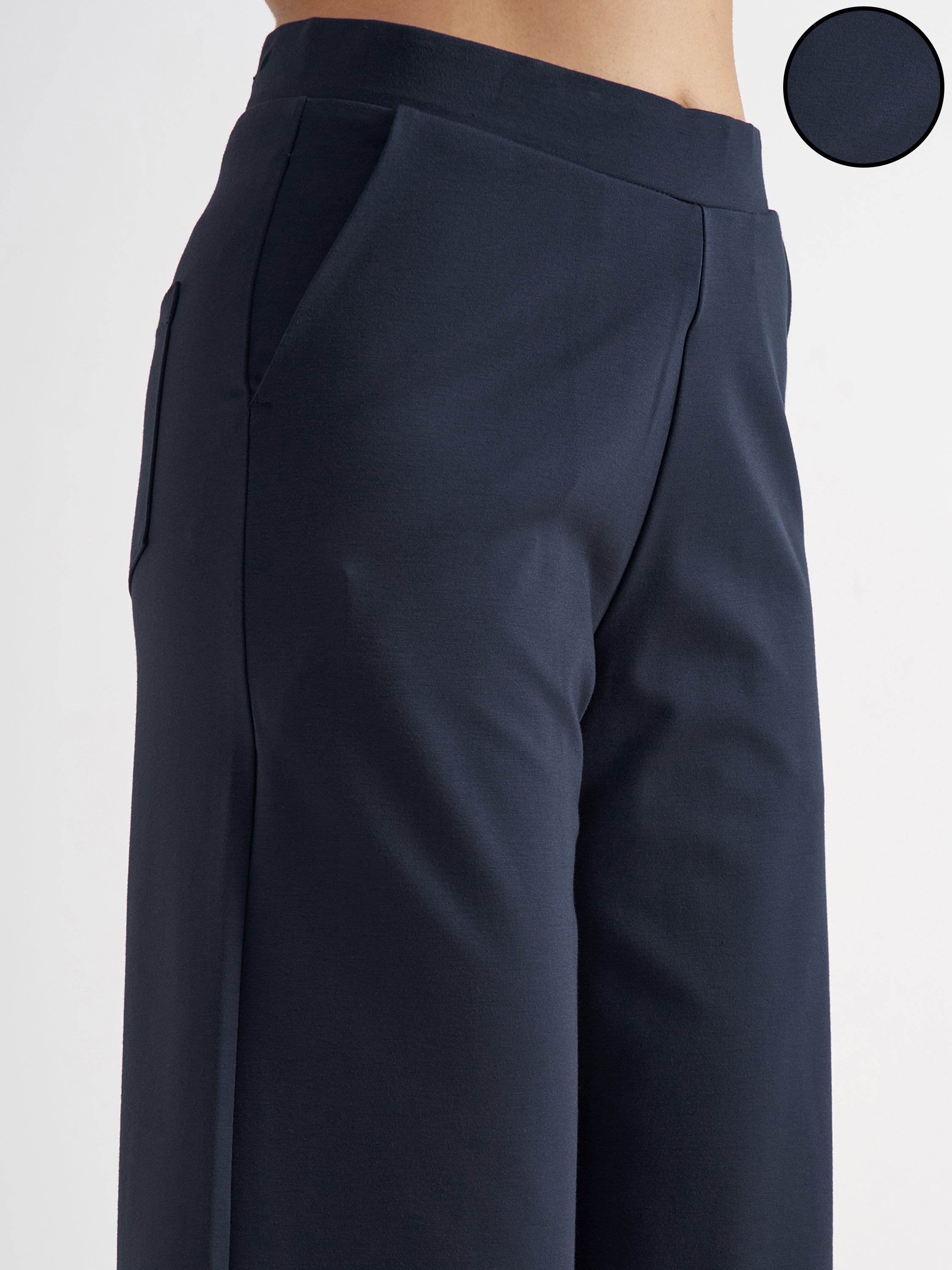 Tokyo Talkies Women Navy Blue Solid Wide Leg Regular Trouser - Navy Blue - Image 5