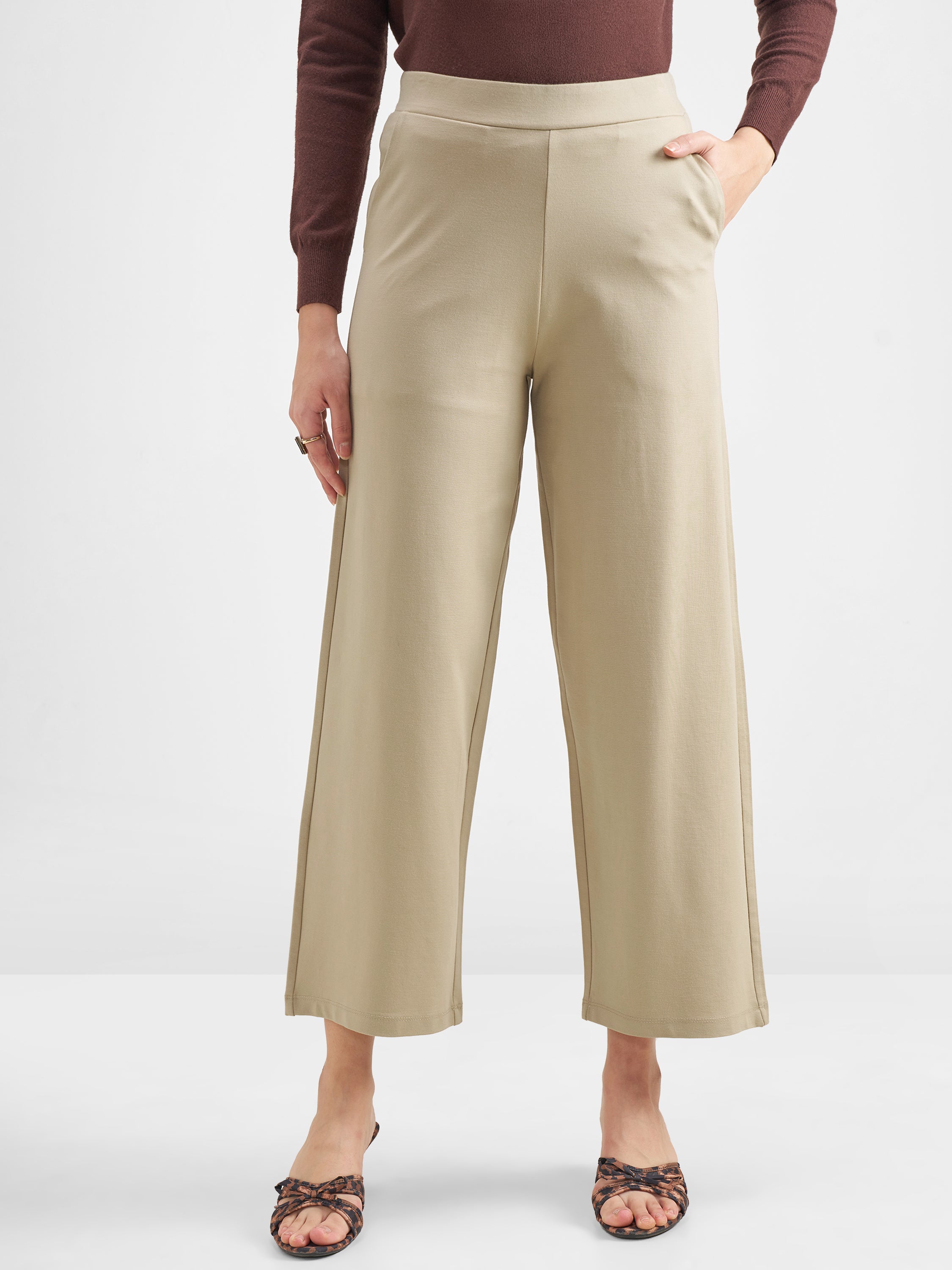 Tokyo Talkies Women Beige Solid Wide Leg Regular Trouser - Beige - Image 1